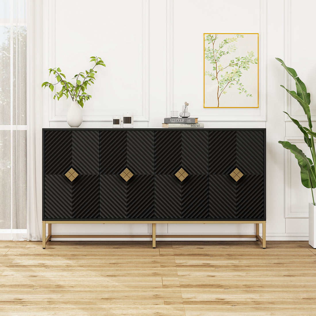 Carved 4 Door Sideboard ,Sideboard Buffet Cabinet With Storage ,Modern Coffee Bar Cabinet With Adjustable Shelf For Living Room,Diningroom,Kitchen Black Particle Board Mdf