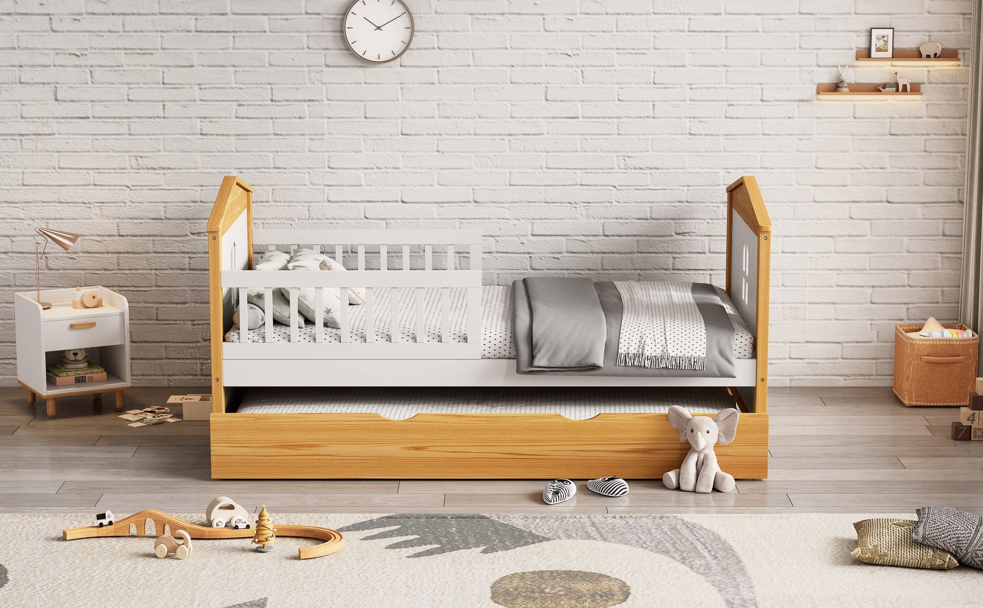 Twin Size House Shape Bed With Trundle Wooden Bed For Girls Boys Teens, No Box Spring Needed, Walnut And White Box Spring Not Required Twin White Walnut Wood Bedroom Cute Pine Bed Frame Wood