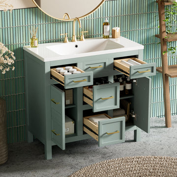 36" Bathroom Vanity Cabinet With Resin Integrated Sink 4 Drawers, 2 Doors Green Bathroom Solid Wood Mdf Resin