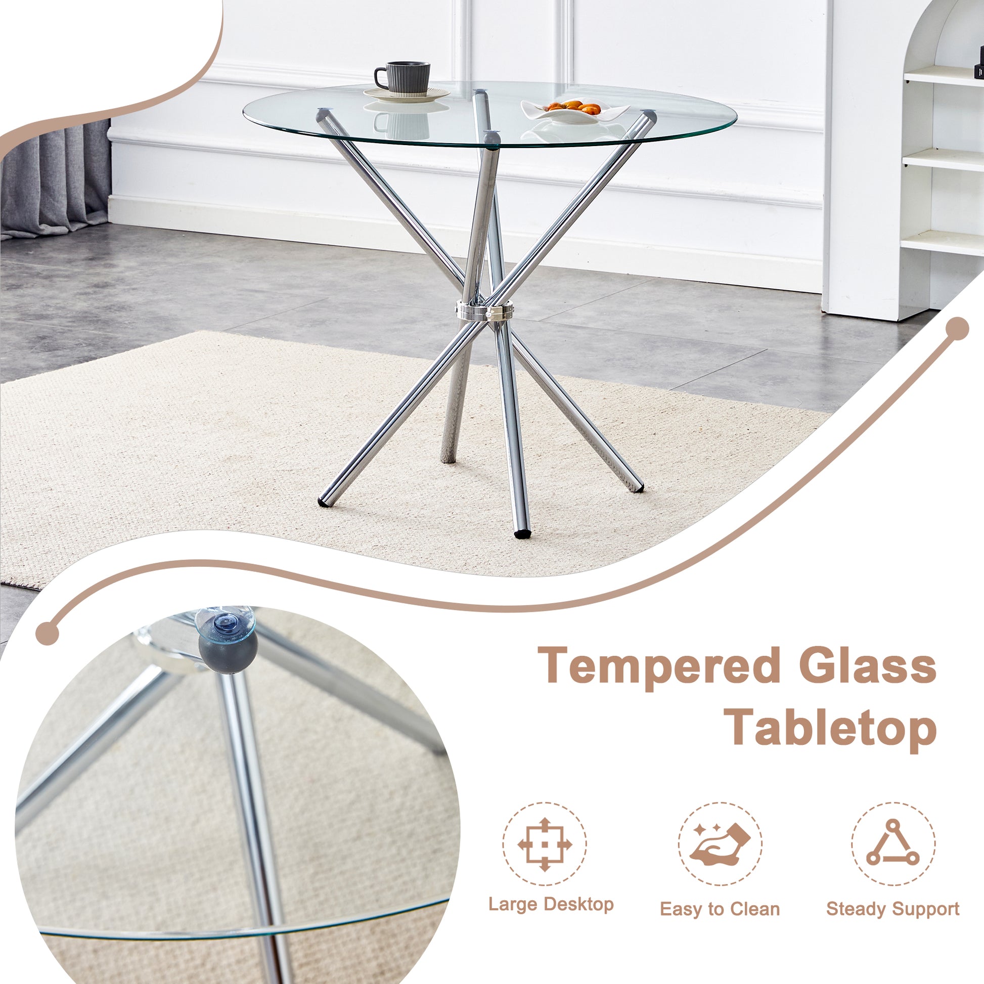Table And Chair Set.36.6"Round Clear Glass Dining Table With A Unique Shape With Ring Shaped Gathered Silver Metal Legs.Paired With 4 Light Gray High Quality Pu Dining Chairs With Silver Metal Legs.
