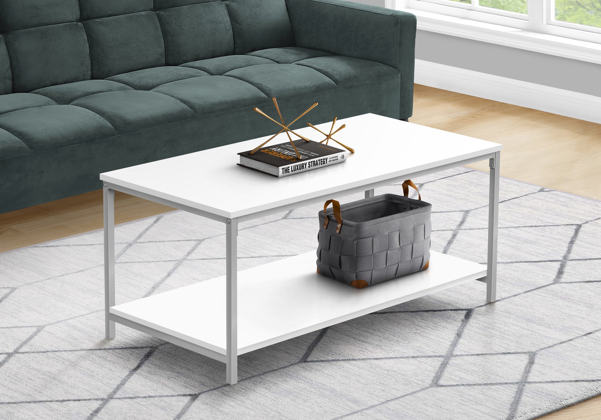 Coffee Table, Accent, Cocktail, Rectangular, Living Room, 40"L, White Laminate, Grey Metal, Contemporary, Modern White Mdf