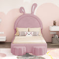 Twin Size Upholstered Rabbit Shape Bed With 2 Storage Stools, Velvet Platform Bed With Cartoon Ears Shaped Headboard, Pink Twin Pink Wood