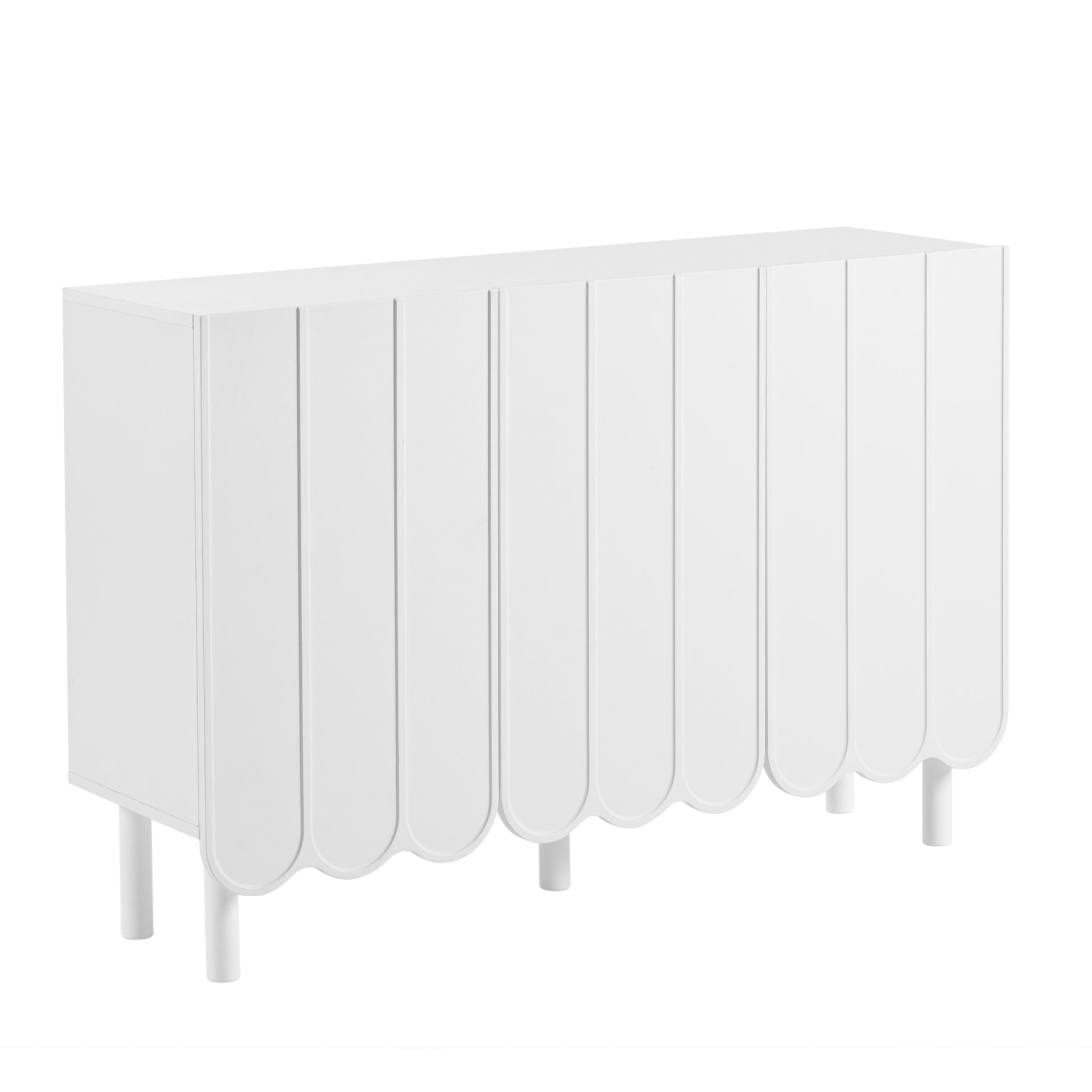 Cream Style Minimalist Shoe Cabinet With 5 Solid Wood Legs, Sideboard Buffet Cabinet With Adjustable Shelves, Large Storage Cabinet With Wave Doors For Living Room, White White Mdf