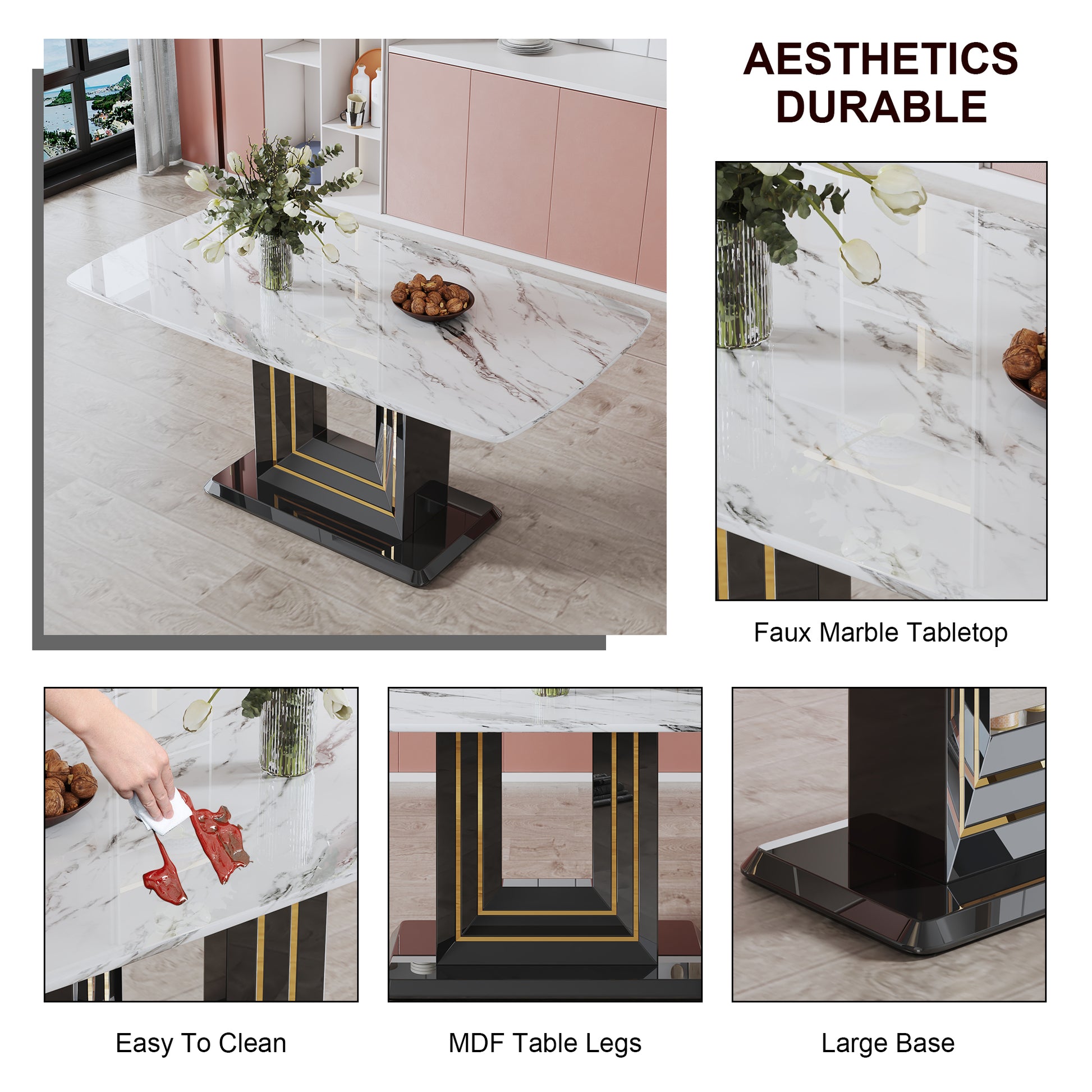 63" Dining Table, Luxurious Dining Room Table With Faux Marble Top And U Shape Mdf Base, Modern Kitchen Dining Table For Kitchen Living Dining Room White Black Seats 6 Dining Room Luxury,Modern Mdf Glass