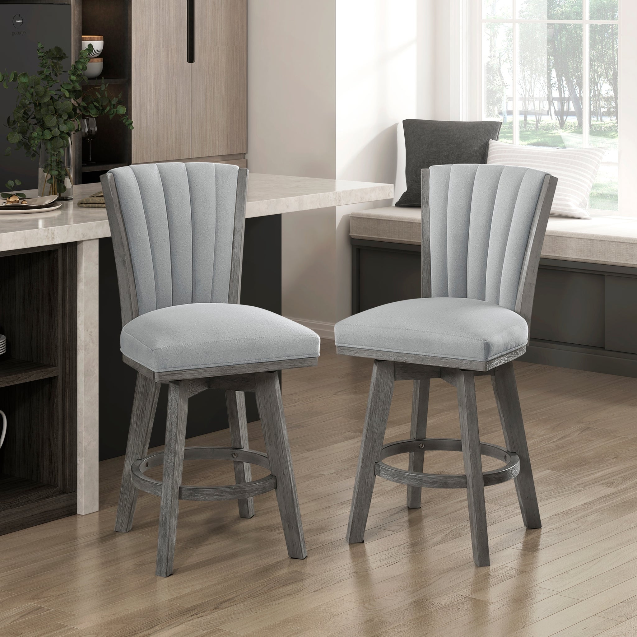 Gray Finish Set Of 2 Counter Height Chairs Swivel Seat Tufted Fabric Upholstered Solid Wood Dining Furniture Transitional Style Gray Dining Room Transitional Solid Wood