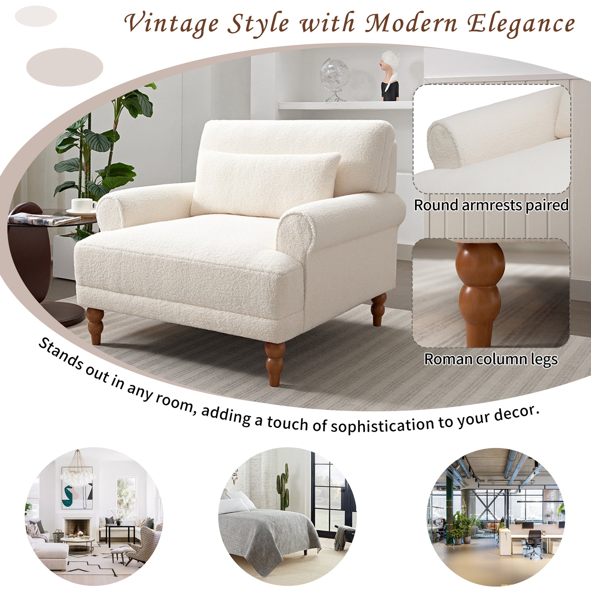 Mirod Elegant Circular Armrests, Ergonomic Lumbar Support, Vintage Roman Column Legs, Luxurious Large Size, Enhances Living Room Aesthetics, For Living Room,Bedroom And Study Beige Boucle