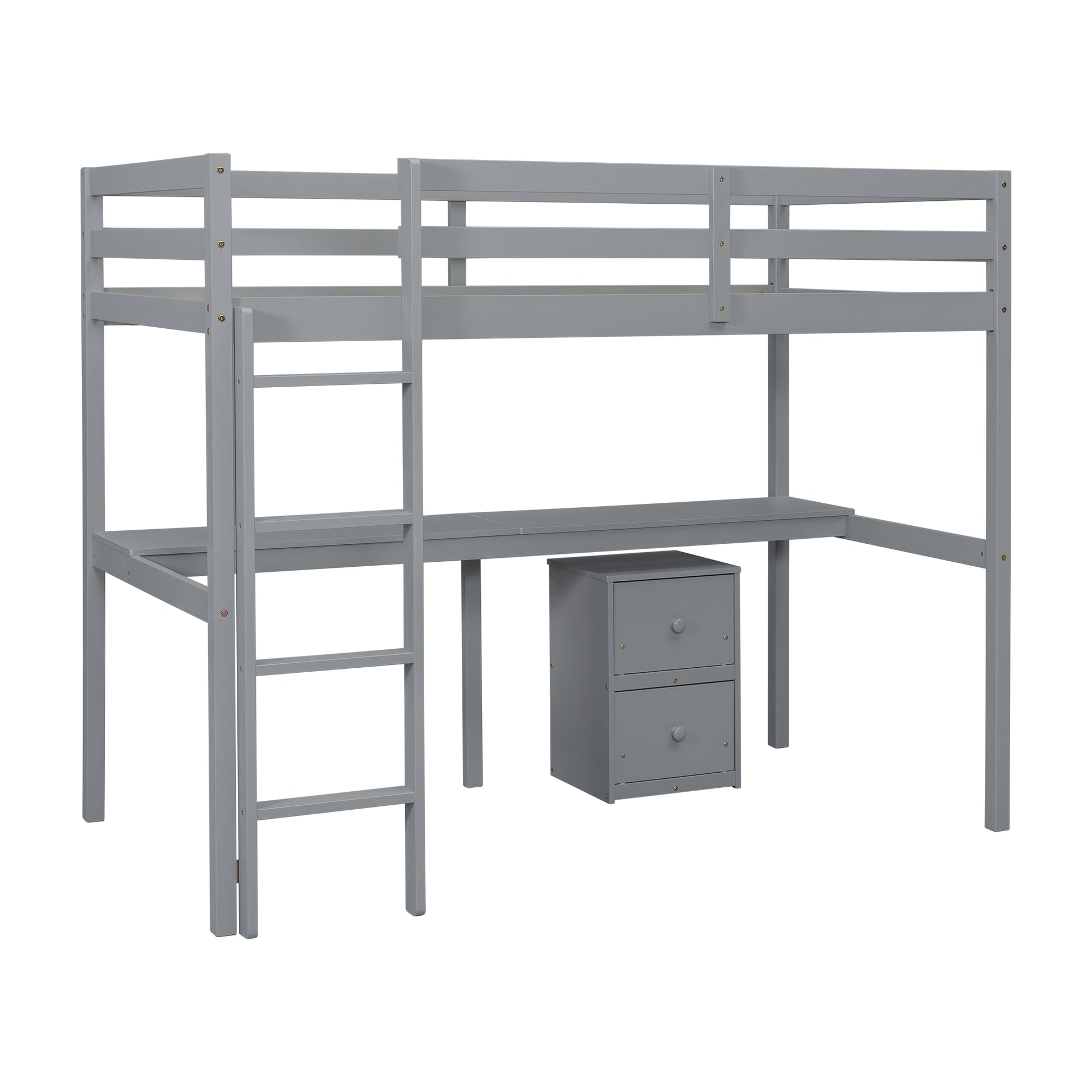 Twin Loft Wood Bed With Under Bed, Built In Desk, A Storage Cabinet Of 2 Drawers, Guardrails, Ladder,Grey Twin Grey Pine