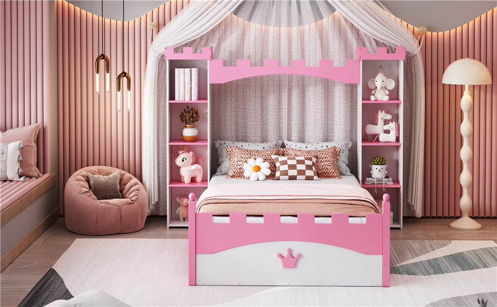 Castle Shaped Wooden Bed With Storage Shelf, Dreamy Twin Size Platform Bed For Kids Bedroom, White Pink Expected Arrival Time:8.14 Twin White Pink Wood