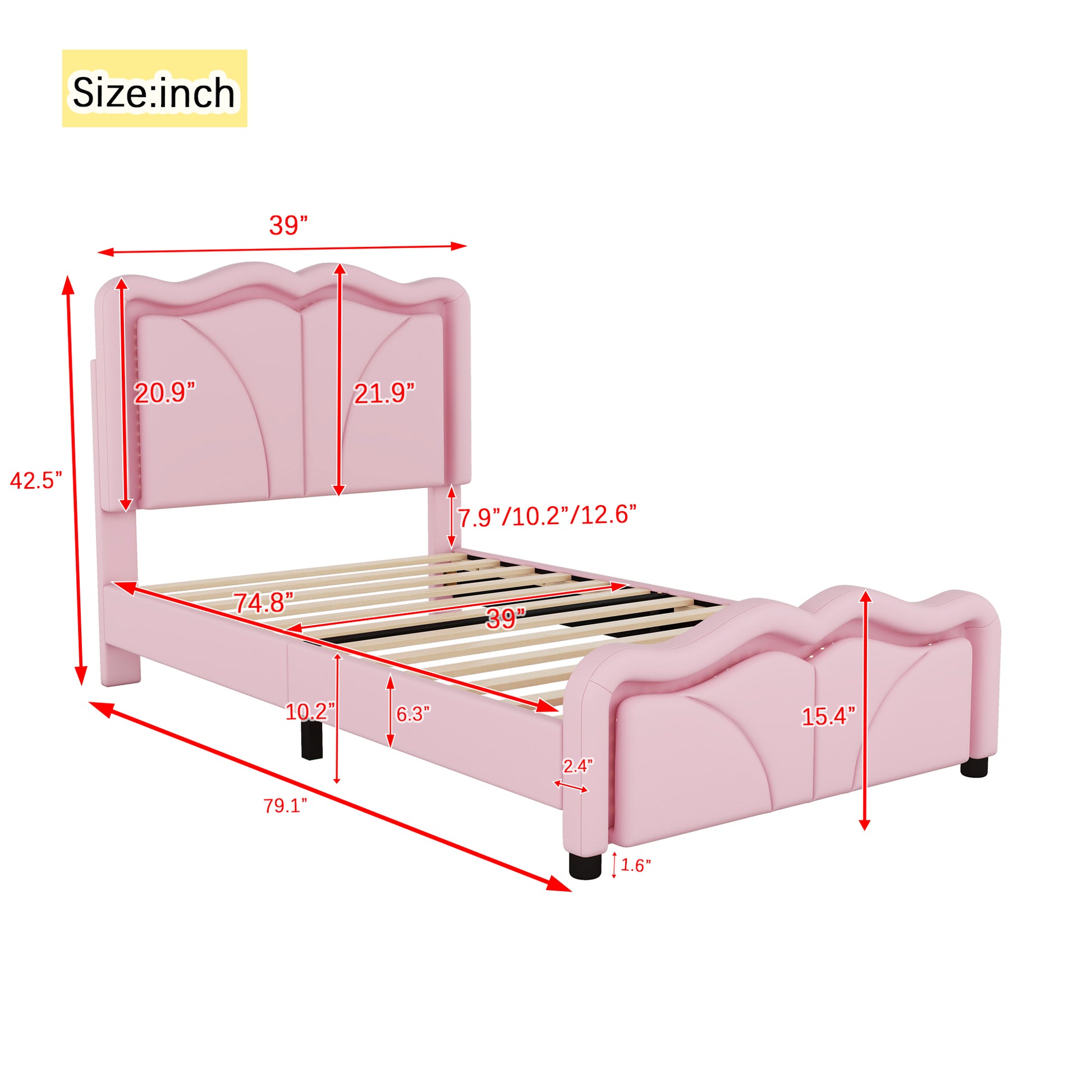 Twin Size Upholstered Platform Bed With Curve Shaped And Height Adjustbale Headboard,Led Light Strips,Pink Twin Pink Upholstered