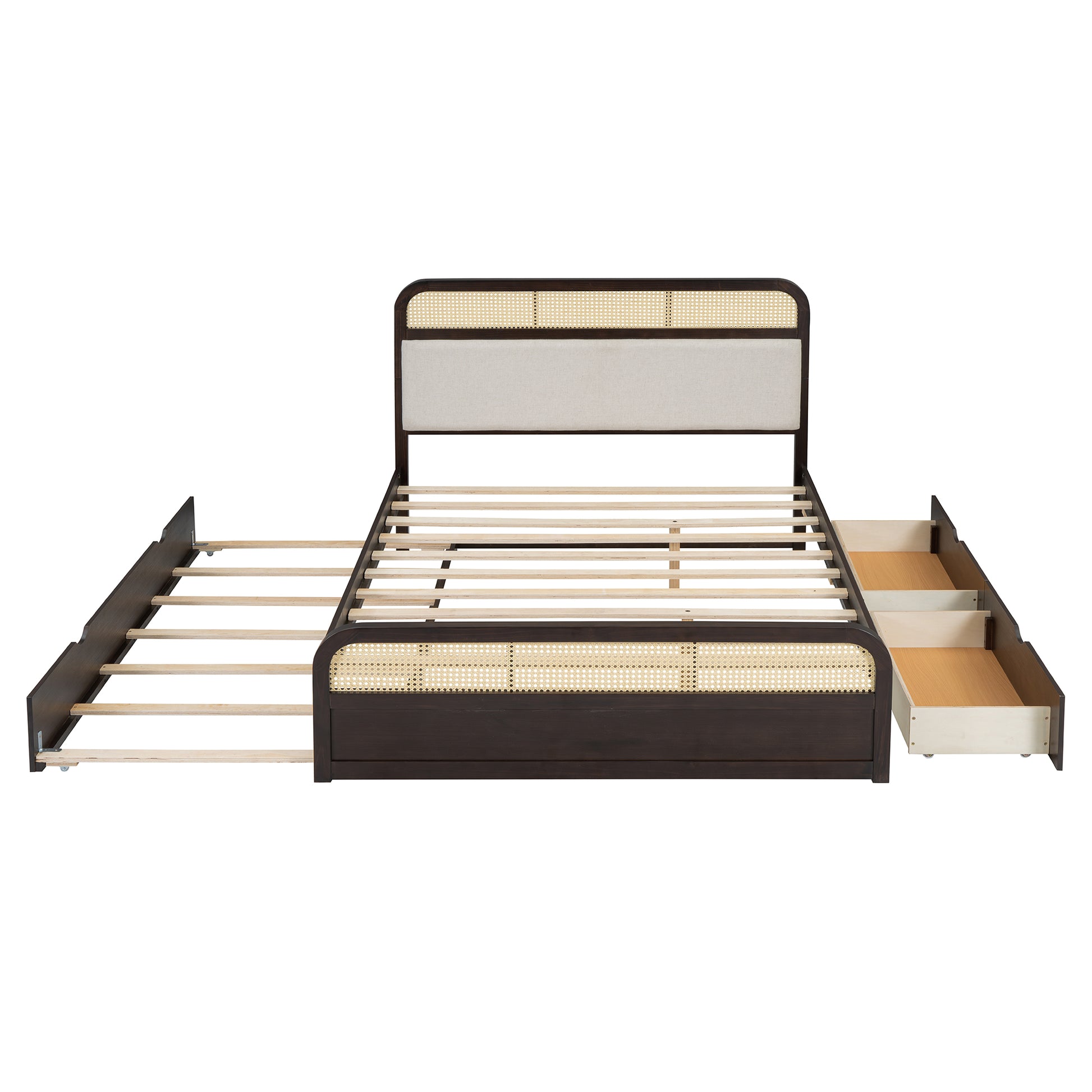 Queen Size Wooden Platform Bed With Trundle And 2 Drawers,Espresso Queen Espresso Solid Wood Mdf