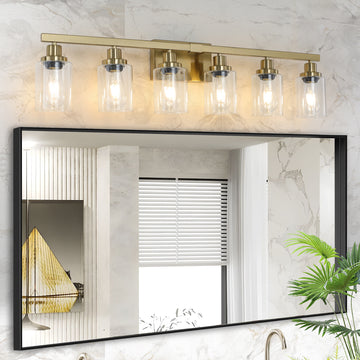 Golden 6 Light Vanity Light With Clear Glass Shades, Modern Iron Metal Bathroom Wall Fixture For Mirror, Ideal For Bathroom And Dressing Table No Bulbs Golden Glass,Iron