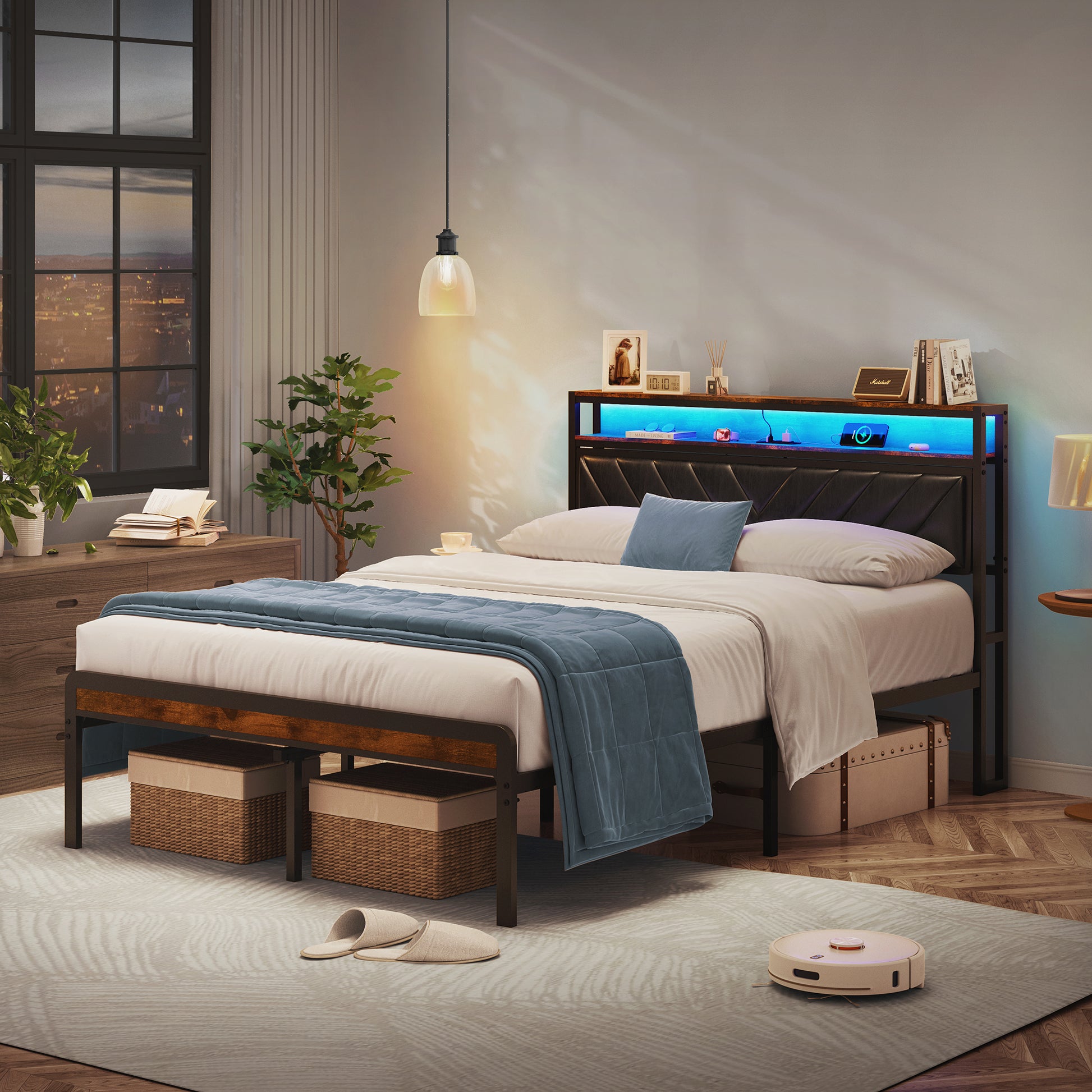Full Size Metal Platform Bed Frame With Adjustable Upholstered Headboard, Charging Station, Led Lights, Noiseless, Black And Brown Box Spring Not Required Full Antique Brown Bedroom Metal