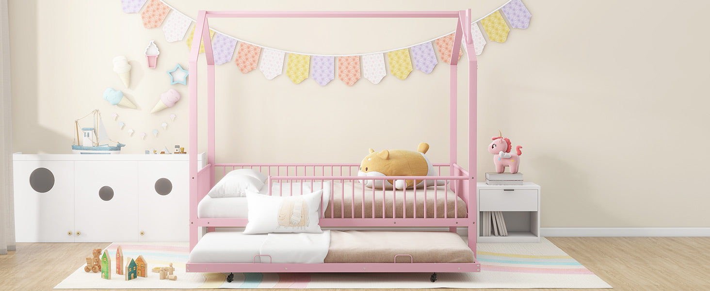 Full Size Metal House Bed With Fence, With Trundle, Pink Full Pink Metal