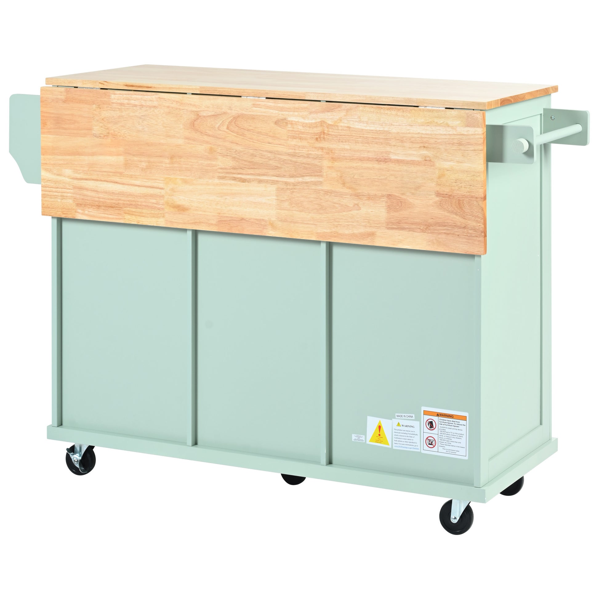 Kitchen Cart With Rubber Wood Drop Leaf Countertop ,Cabinet Door Internal Storage Racks,Kitchen Island On 5 Wheels With Storage Cabinet And 3 Drawers For Dinning Room, Mint Green Mint Green Kitchen American Design,American Traditional,Antique Rectangular