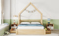 Wood Queen Size House Platform Bed With Guardrail And 2 Drawers, Natural Box Spring Not Required Queen Natural Wood Bedroom Bed Frame Solid Wood Mdf