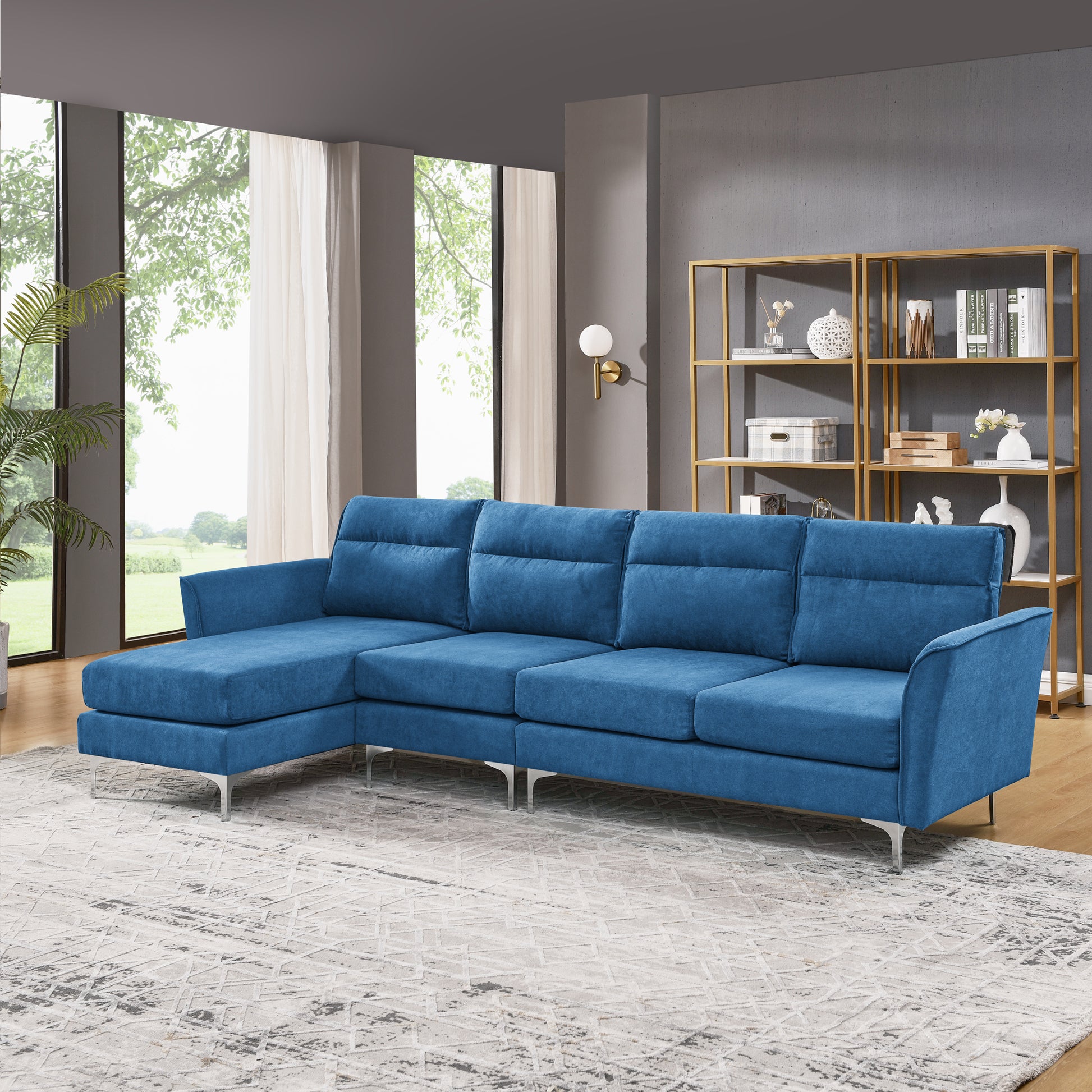 Modern Sofa 5 Seat Couch With Stainless Steel Trim And Metal Legs For Living Room,Navy Blue Navy Blue Foam 5 Seat