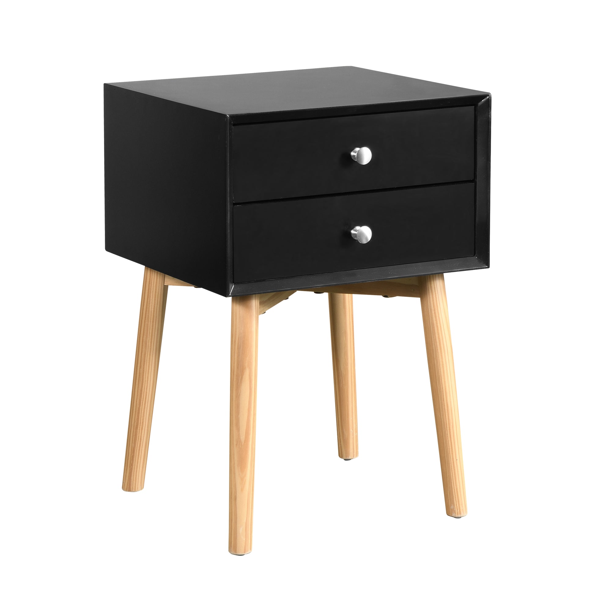Side Table,Bedside Table With 2 Drawers And Rubber Wood Legs, Mid Century Modern Storage Cabinet For Bedroom Living Room, Black Black Mdf