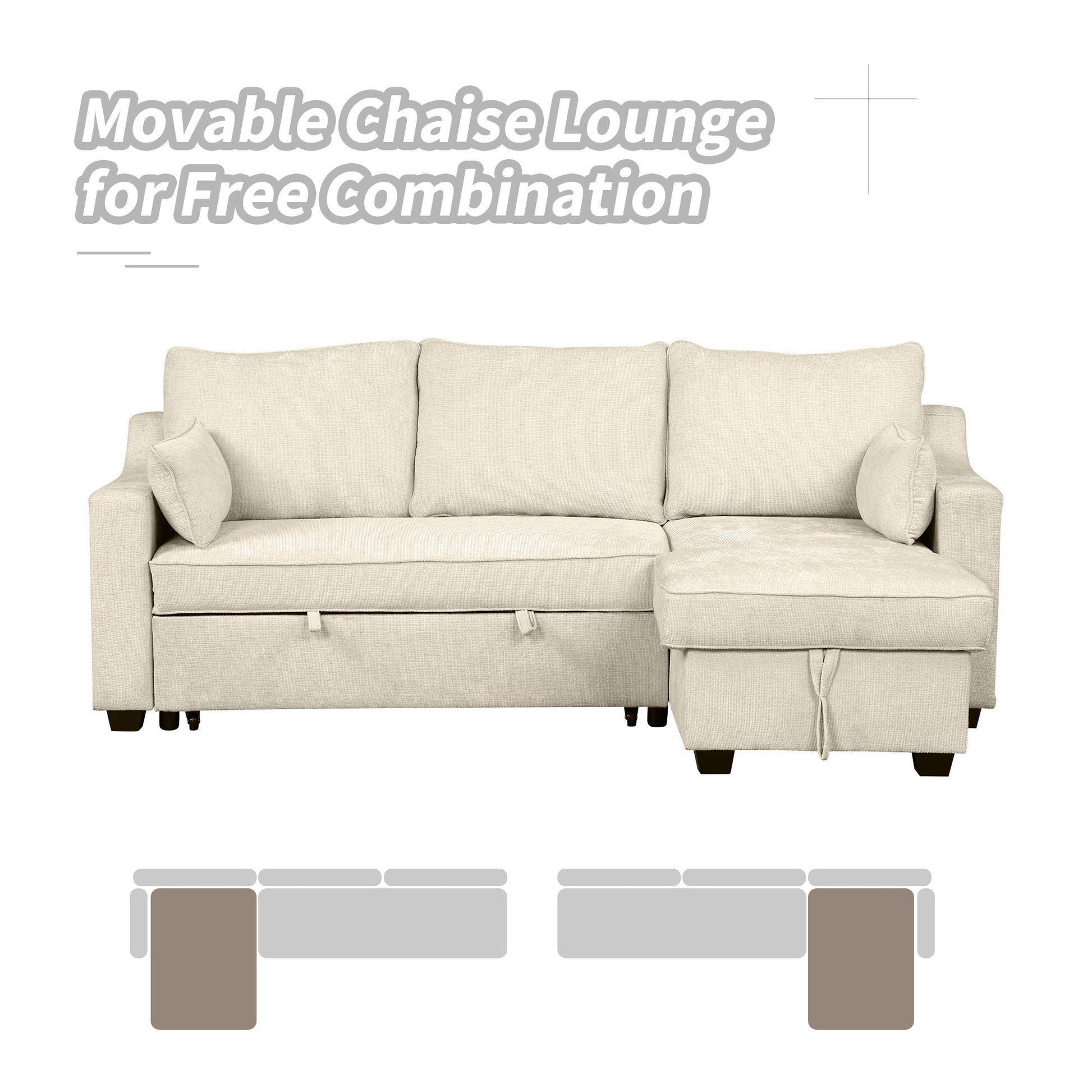 90" Pull Out Sleeper Sofa L Shaped Couch Convertible Sofa Bed With Storage Chaise, Storage Racks And Usb Ports Sg001340Aa , Beige Beige Foam Chenille 3 Seat