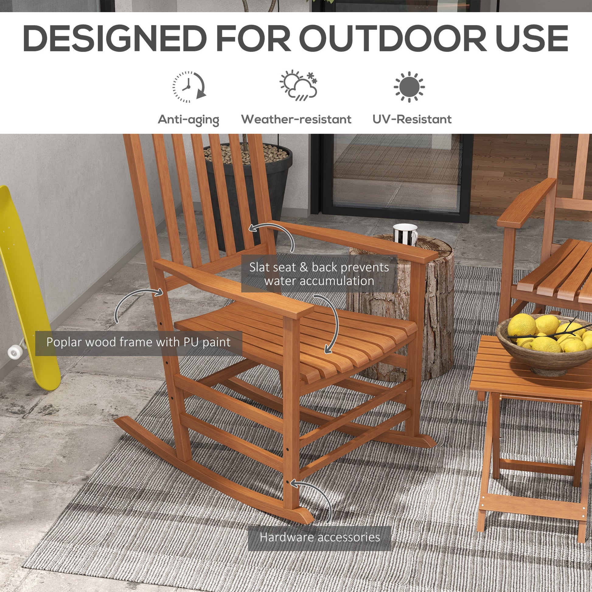 Outsunny Outdoor Rocking Chair Set Of 2 With Side Table, Patio Wooden Rocking Chair With Smooth Armrests, High Back For Garden, Balcony, Porch, Supports Up To 352 Lbs., Teak Natural Wood