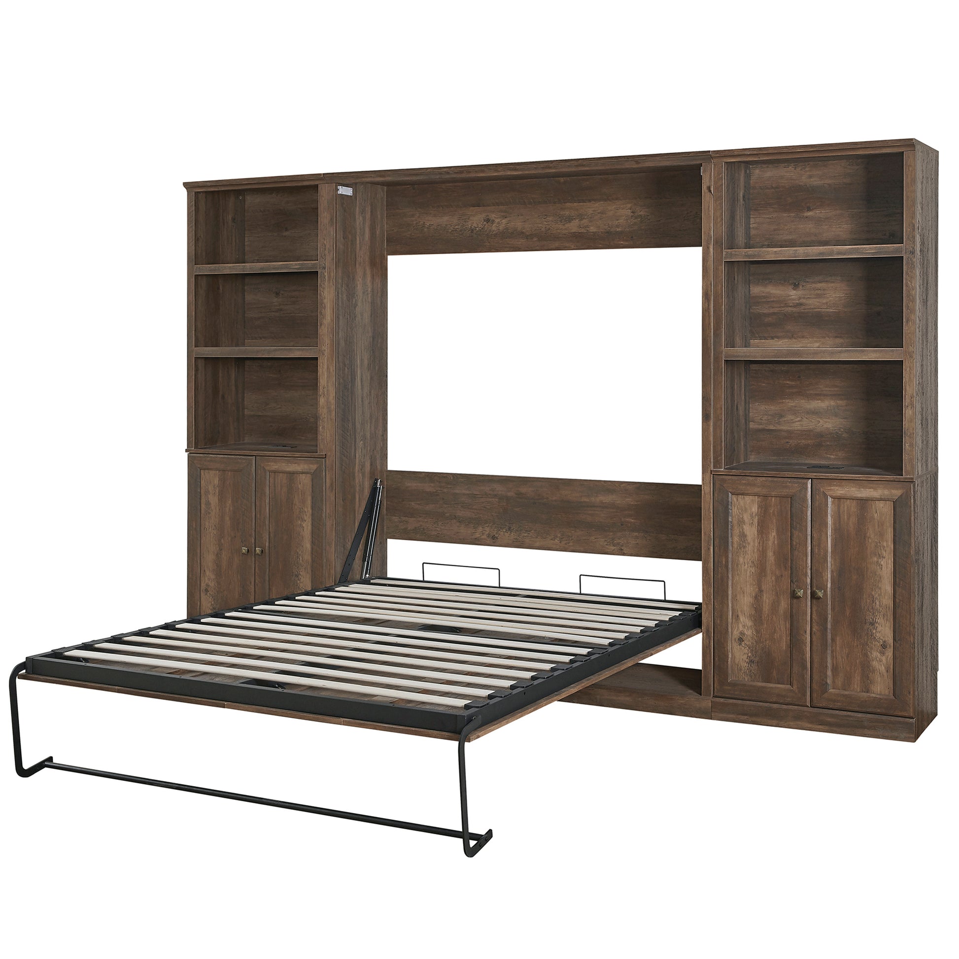 Full Size Half Self Close And Open Murphy Bed With 2 Side Cabinet Storage Shelf, Cabinet Space Saving Bed Perfect For Guest Room, Bed Room, Guest Room, Home Office, Brown Box Spring Not Required Full Brown Wood Brown Pine Murphy Solid Wood Mdf