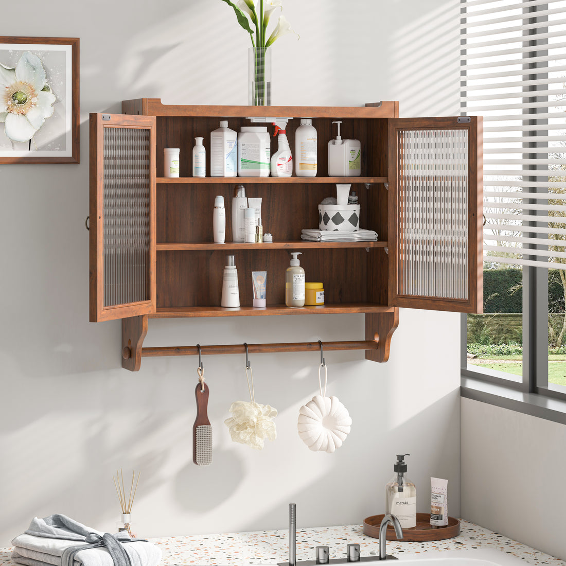 24.8"Glass Door Vintage Double Door Wall Cabinet With Three Tiers Of Storage With Towel Rack, For Bathroom, Kitchen,Dining Room,Brown Brown Glass