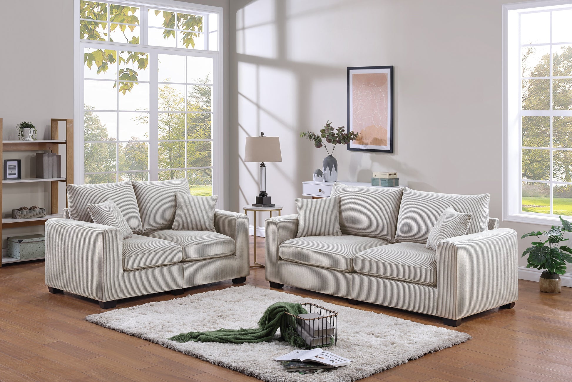 Classic Living Room 2Pc Sofa Set Ivory Corduroy Sofa And Loveseat W Pillows Square Arms Plush Couch Ivory Primary Living Space Cushion Back Classic,Contemporary,Modern Rubberwood Square Arms Corduroy 4 Seat