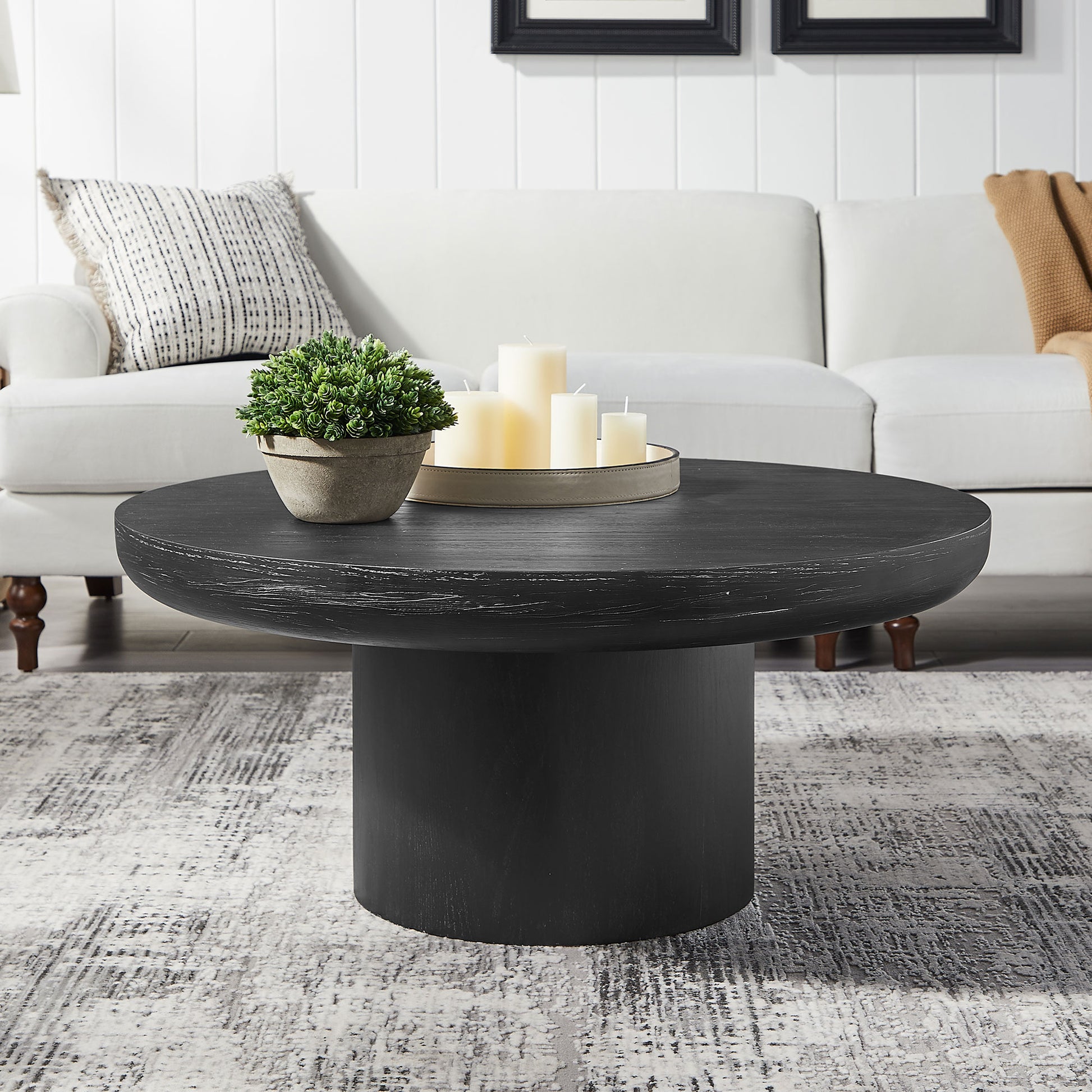 35.98Inch Round Coffee Table With Cylindrical Leg,Wood Veneer Tabletop Table,Rounded Sofa Side Table For Living Room Office,Black Black Mdf