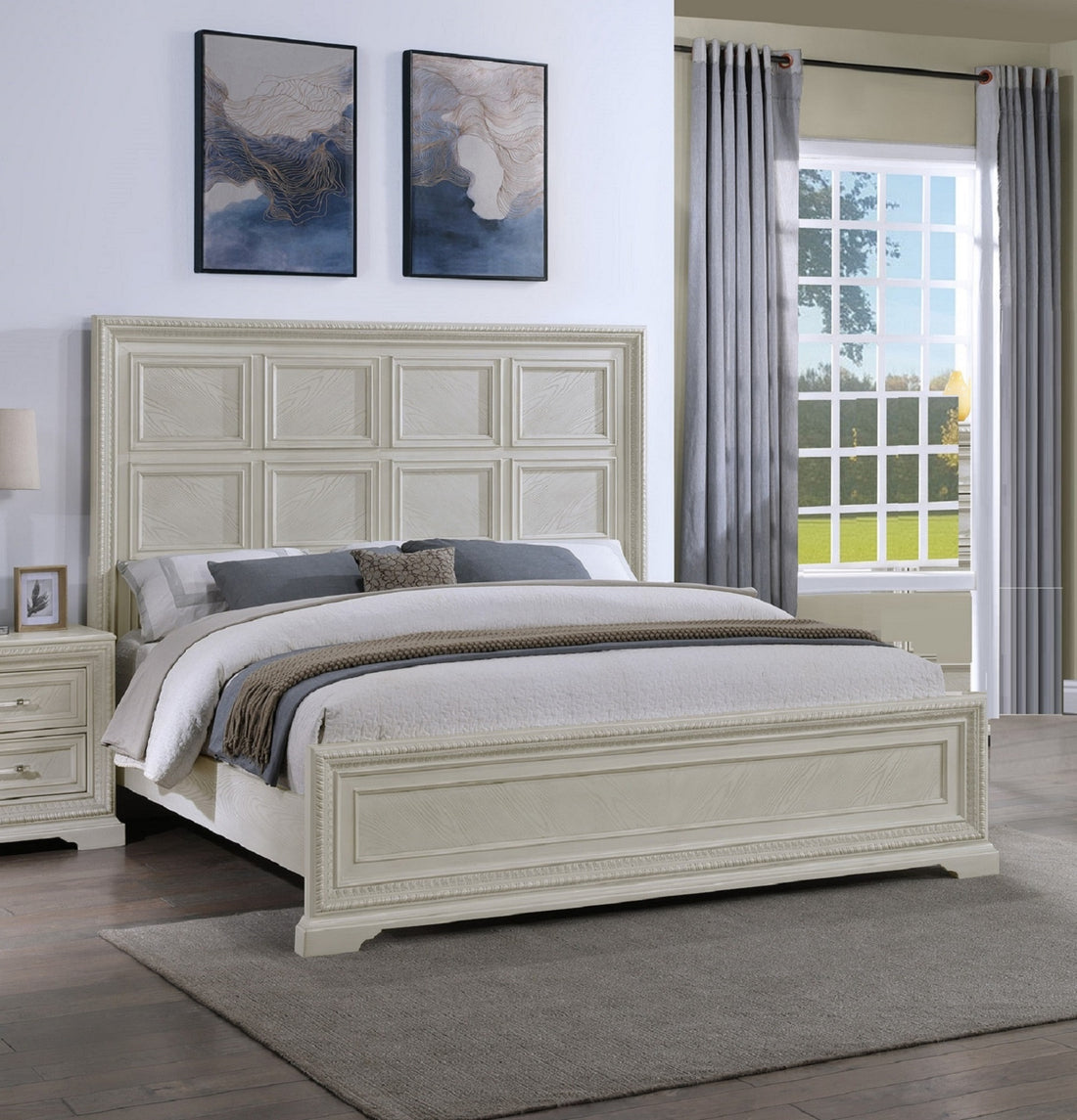 Transitional 1Pc King Panel Bed Modern Aesthetics White Cream Solid Wood Wooden Bedroom Furniture Box Spring Required King Cream White Wood Transitional Panel Wood Fabric