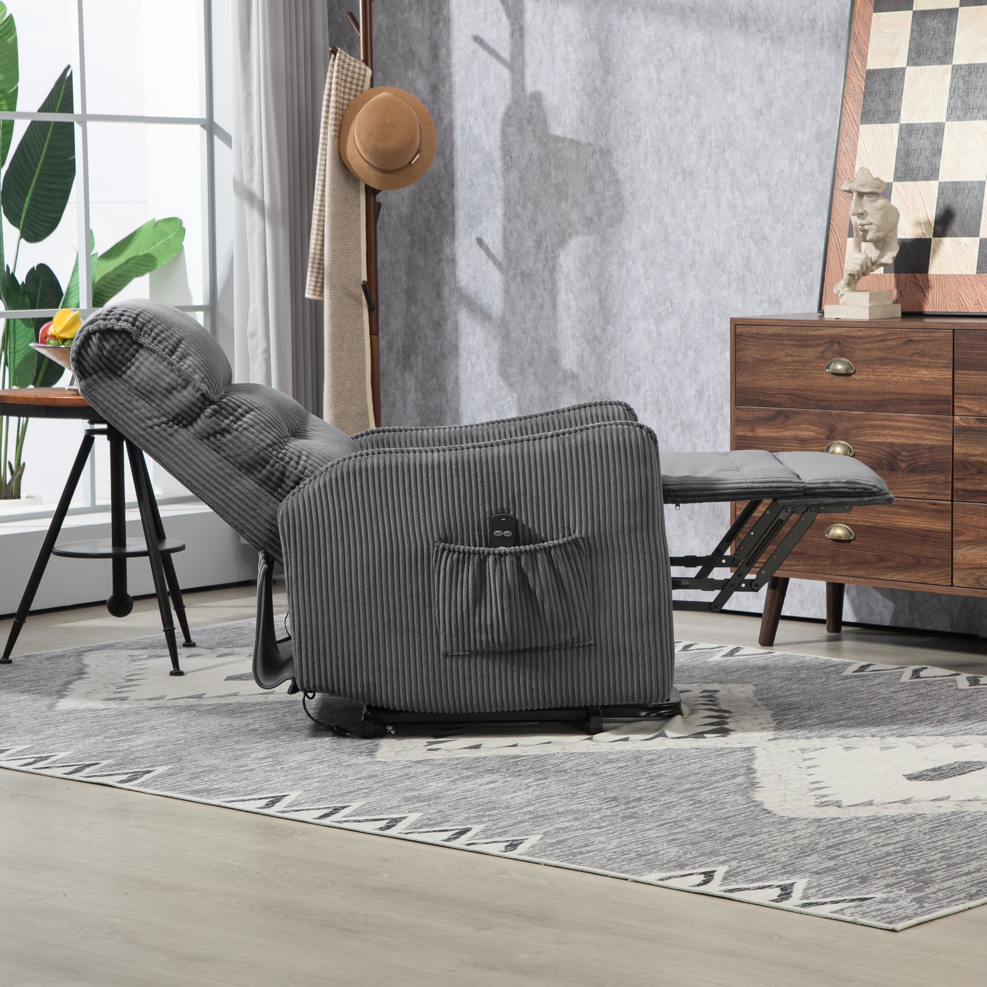 Coolmore Recliner Chair, Electric Recliner Chairs For Adults, Side Pocket Power Reclining Chair Pocket Springs Seat Cushion, Corduroy Fabric Recliner Sofa For Living Room, Bedroom, Home Theater Dg Dark Gray Foam Corduroy
