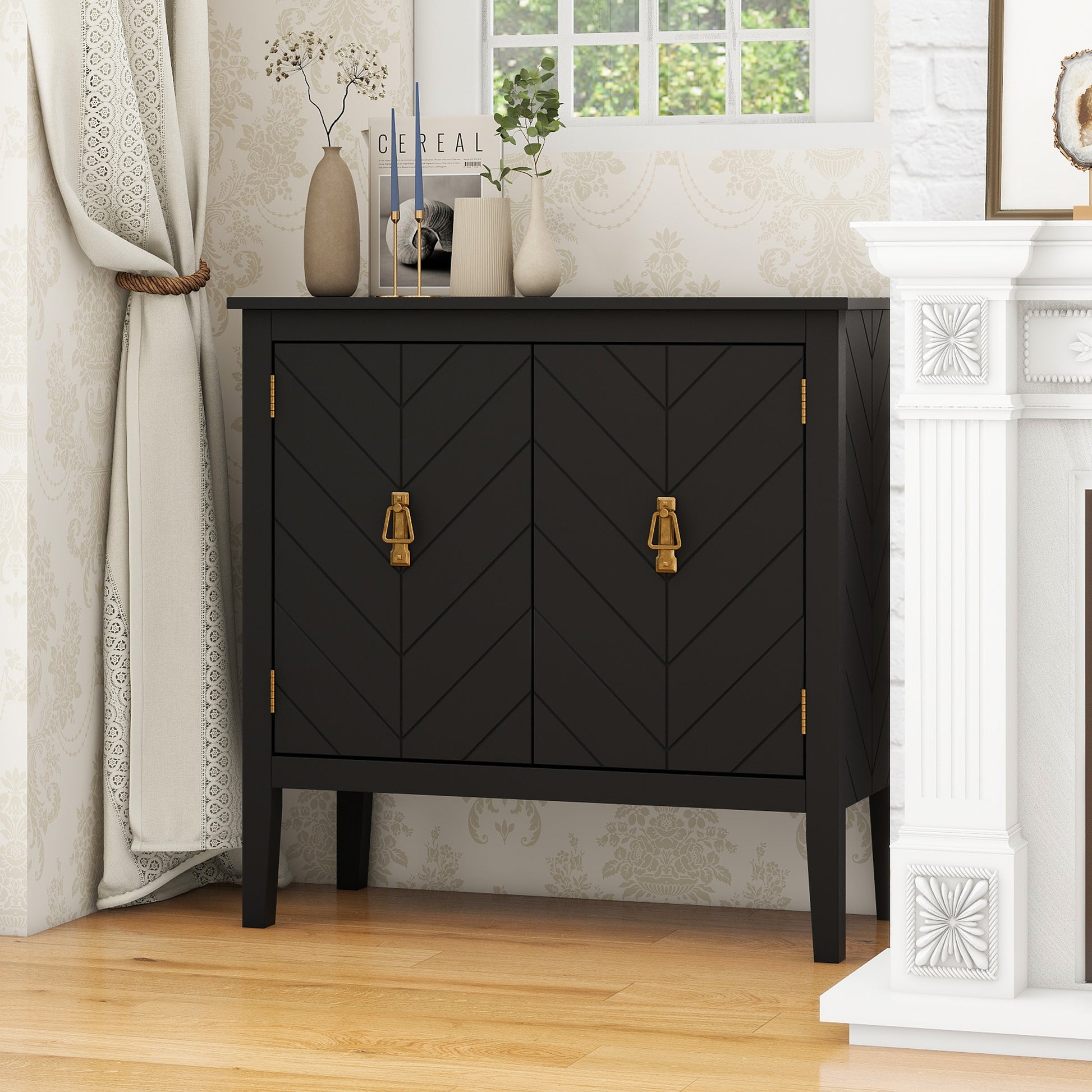 2 Door Wooden Cabinets, Black Wood Cabinet Vintage Style Sideboard For Living Room Dining Room Office Black Mdf