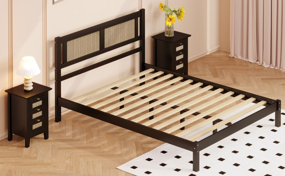 Queen Size Wooden Platform Bed With Natural Rattan Headboard, Exquisite Elegance With Minimalist Charm For Bedroom, Black Black Particle Board