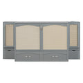 Full Size Murphy Bed Wall Bed With Drawer And Rattan Decoration With 2 Storage Cabinets, One Set Of Sockets & Usb Ports, Pulley Structure Design, Gray Full Gray Plywood