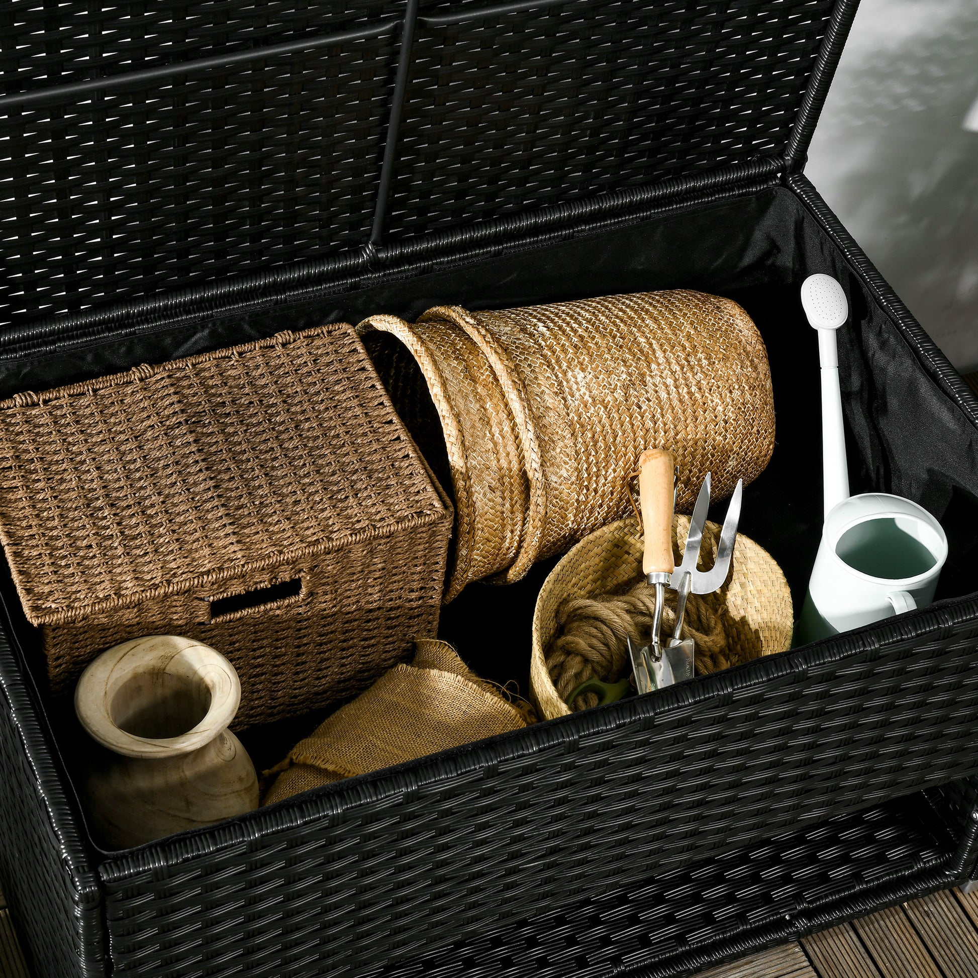 Outsunny Outdoor Deck Box & Shoe Storage, Pe Rattan Wicker Towel Rack With Liner For Indoor, Outdoor, Patio Furniture Cushions, Pool, Toys, Garden Tools, Black Black Steel