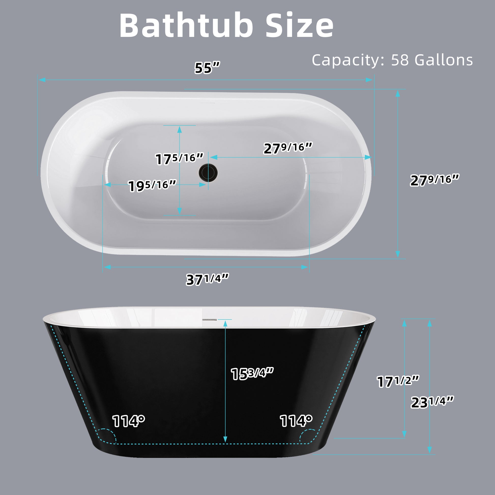 55 Inch Acrylic Freestanding Bathtub Contemporary Soaking White Tub With Overflow And Pop Up Drain Gloss Black Black White Oval Bathroom Freestanding Tubs Polished Less Than 59 In Contemporary,Modern Soaking Center Fiberglass Acrylic