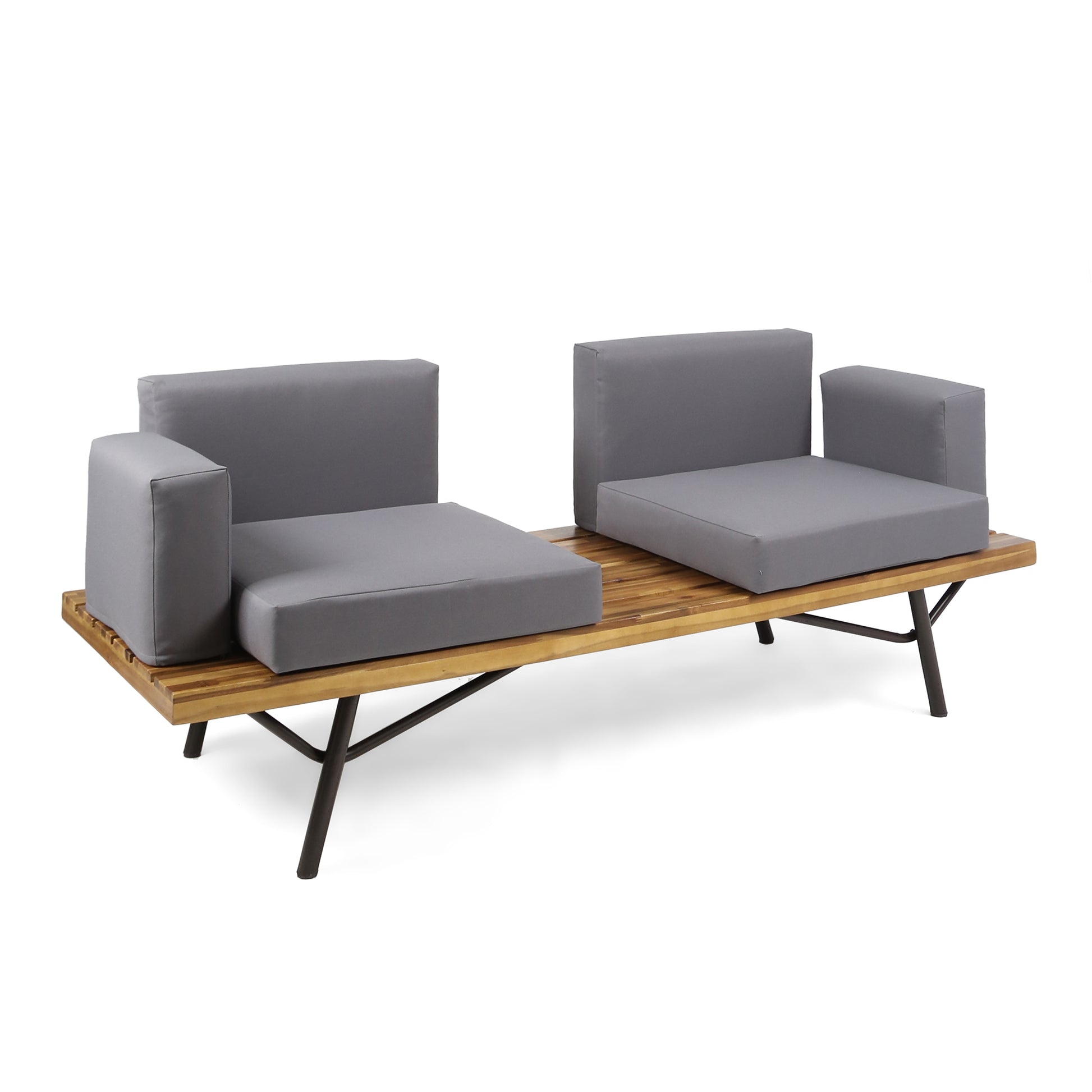 Canoga Outdoor Industrial Loveseat With Coffee Table Natural Grey Fabric