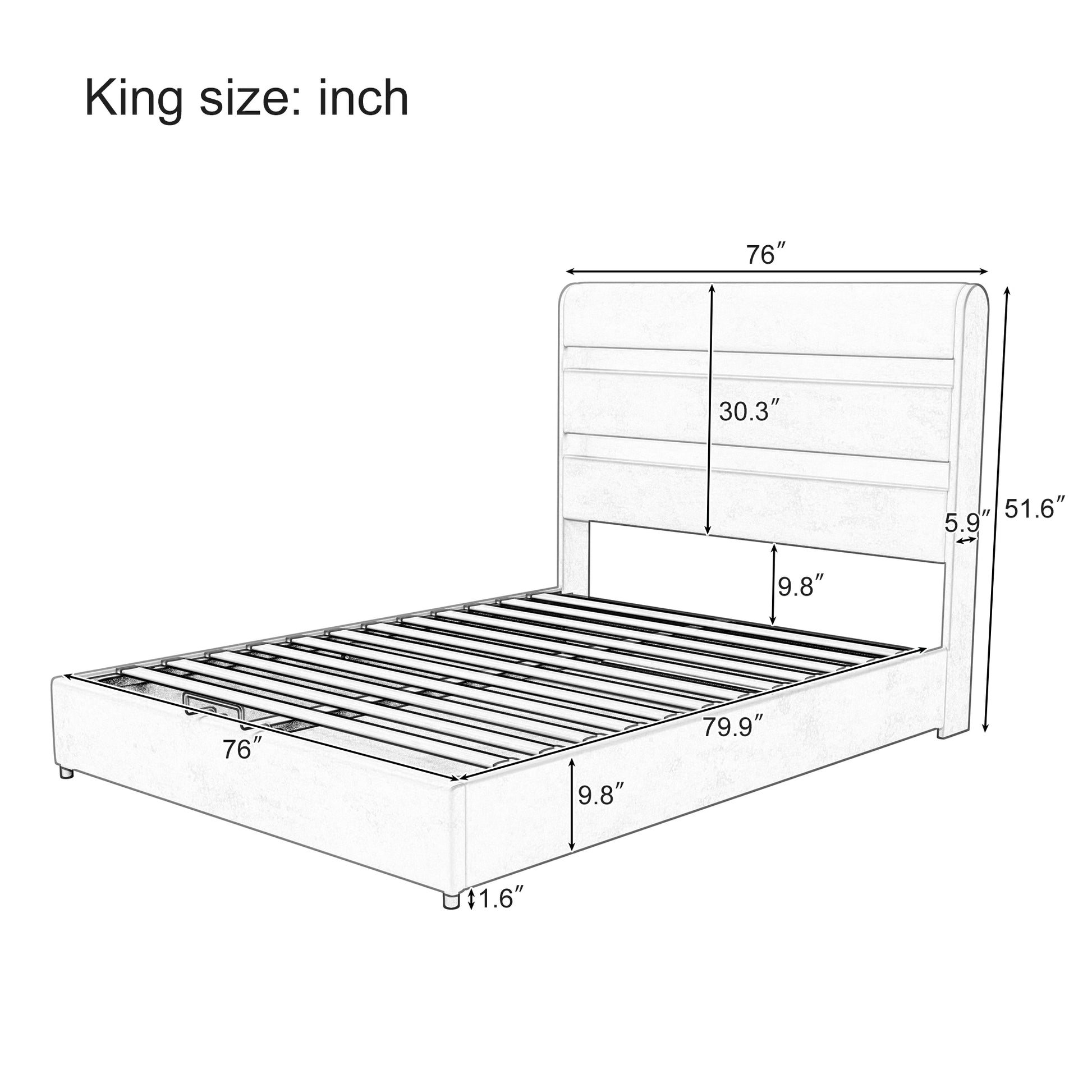 Upholstered Platform King Size Hydraulic Storage Bed, Lift Up Storage Bed With Rgb Led Light Headboard, No Box Spring Needed,Velvet,Gray King Gray Velvet Wood Metal