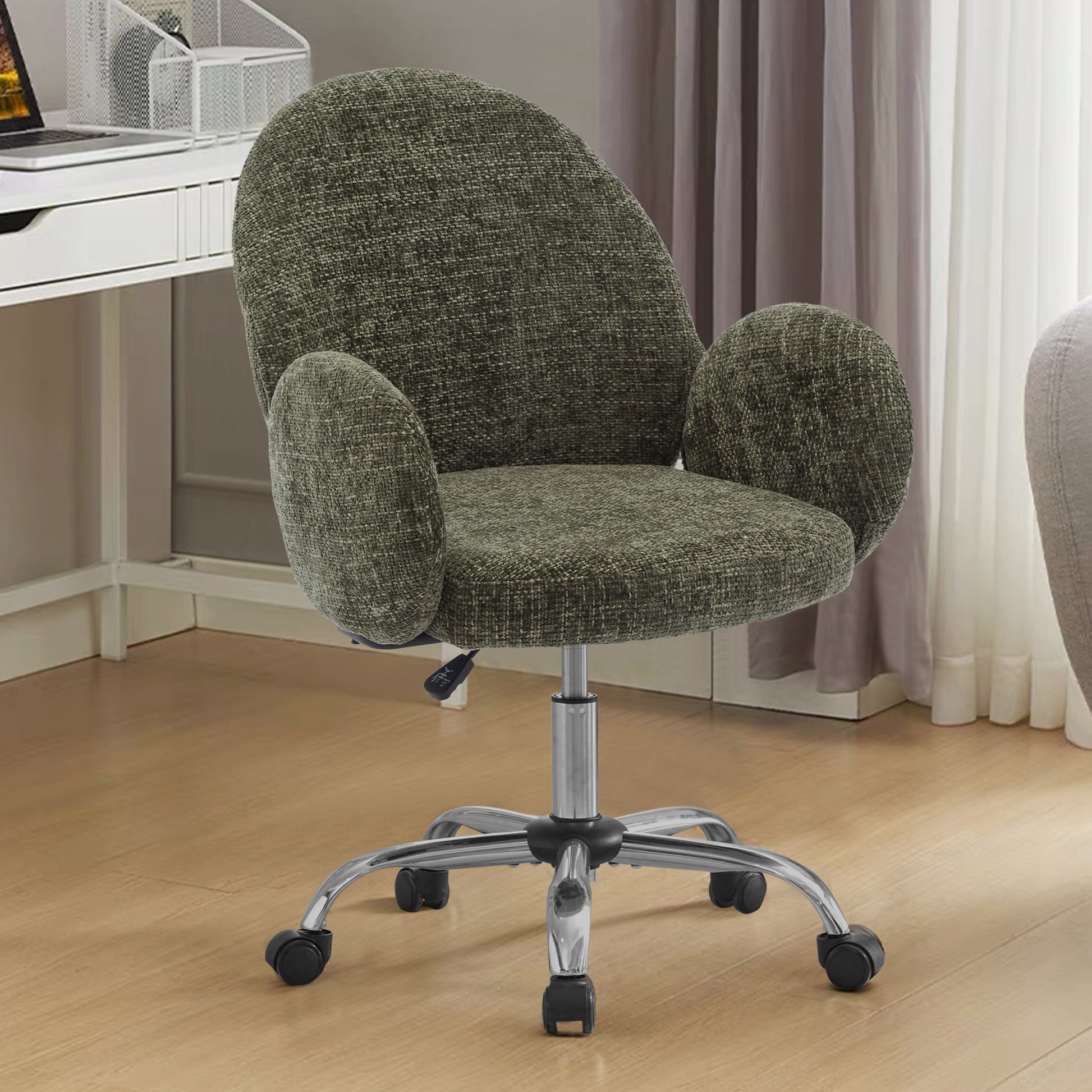 Ytt Rotating Office Chair With High Backrest Armrest, Wide Seat Round Armrest Office Chair With Wheels, Suitable For Living Room, Bedroom, Lounge, Home Office Green Linen