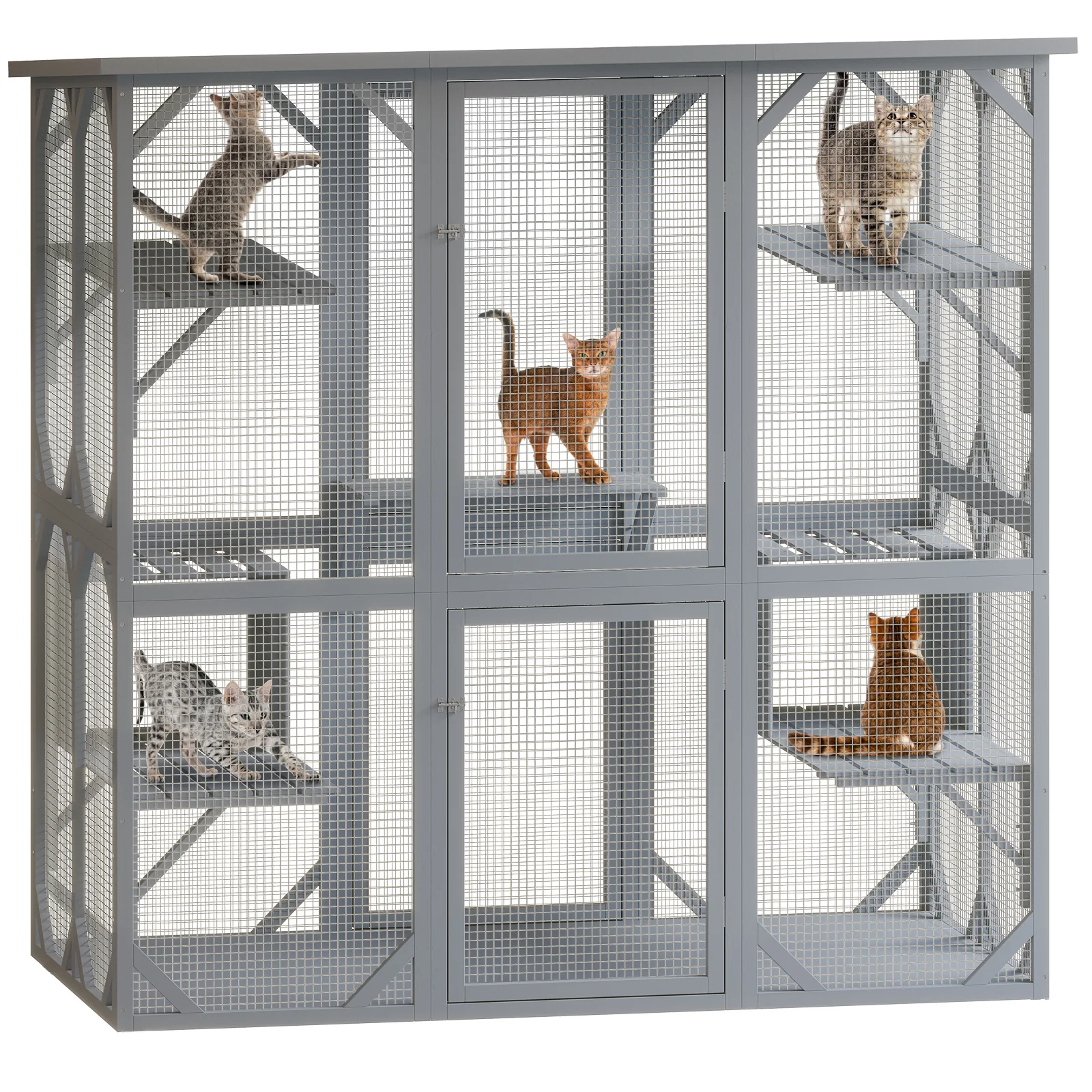 Outdoor Cat House Big Catio Wooden Feral Cat Shelter Enclosure With Large Spacious Interior, 6 High Ledges, Weather Protection Asphalt Roof Grey Wood