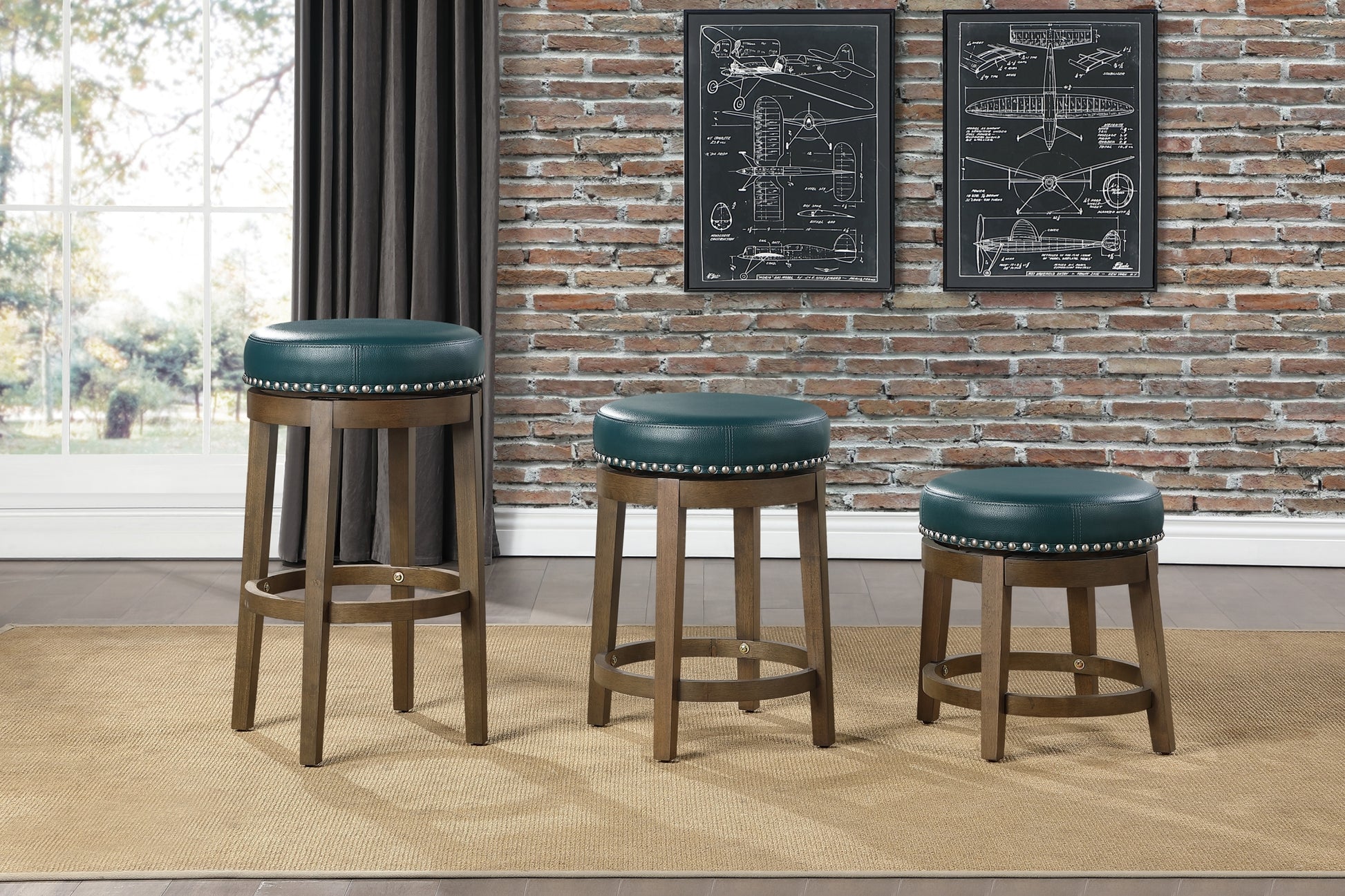 Round Swivel Stools Set Of 2, Green Faux Leather 360 Degree Swivel Seat Trim Solid Wood Frame Brown Finish Furniture Brown Green Dining Room Round Solid Wood