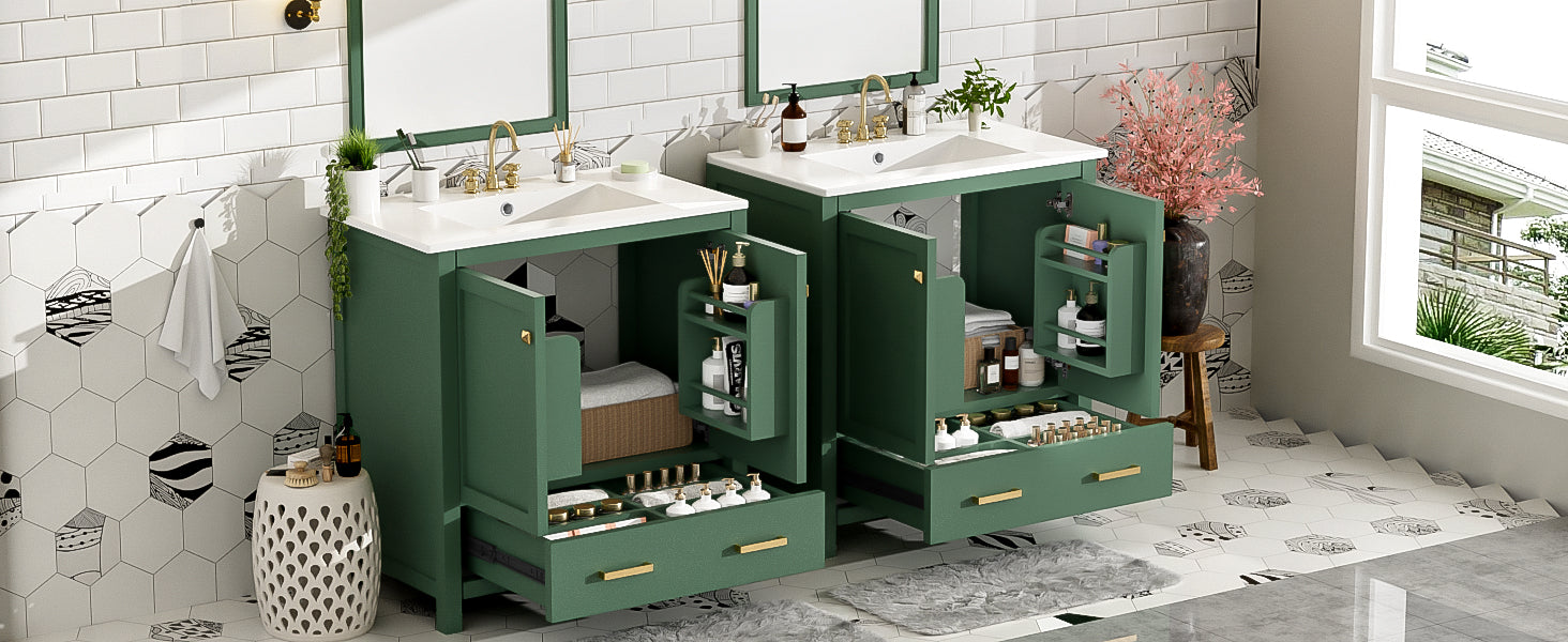 60" Green Bathroom Vanity Set With Double Vanities Separate , Double Ceramic Sinks, Storage Shelf, And Divided Drawers Mirror Not Included Modern Bathroom Solution For Spacious Bathrooms Green