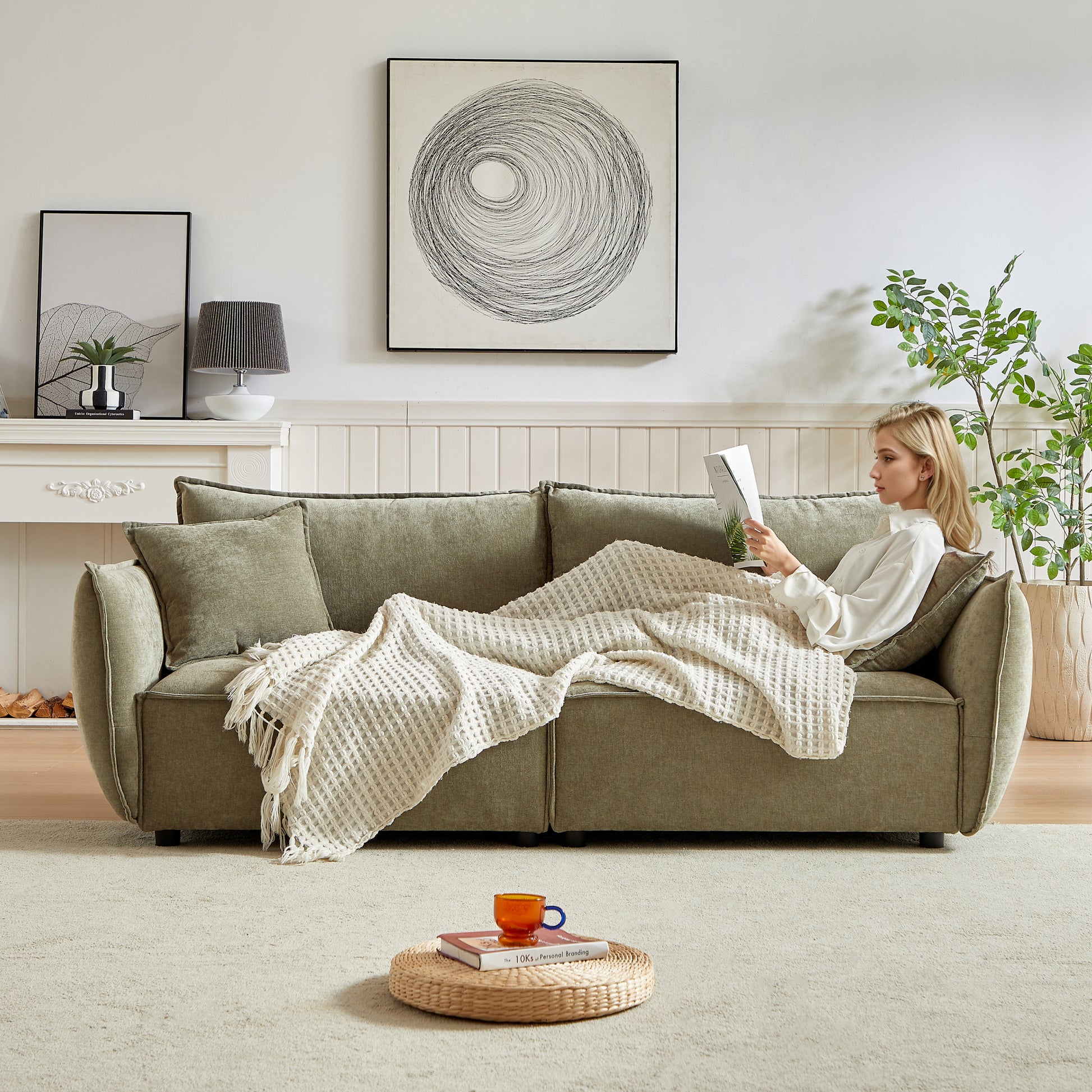 Mh88" Modern Living Room Sectional, Wide Living Room Sectional, Stylish Chenille Triple Sectional With Extra 2 Pillows, Thickly Padded Seat And Back And Armrests For Apartment, Living Room Light Green Chenille Wood Primary Living Space Pine Foam Fabric 3
