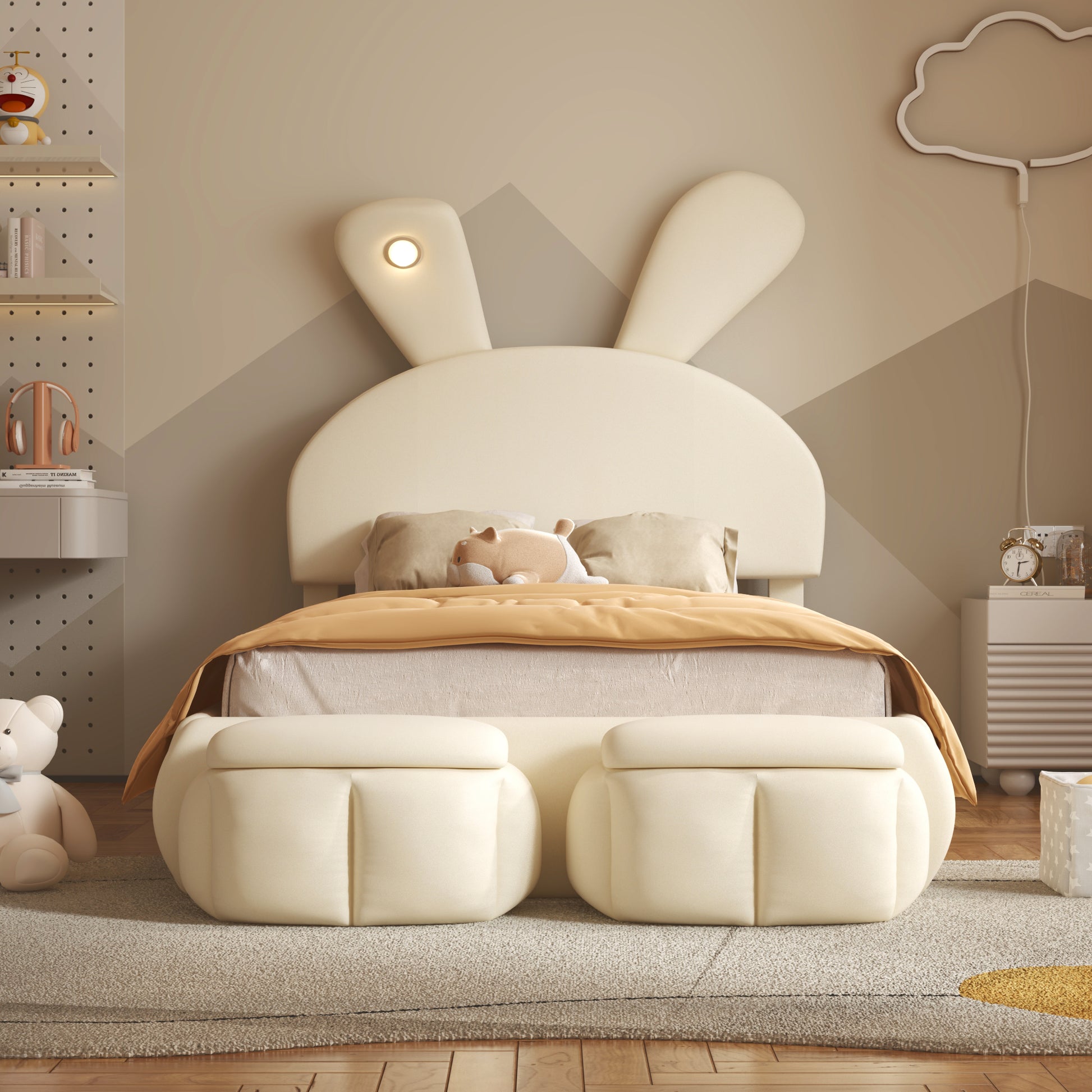 Twin Size Upholstered Platform Bed With Cartoon Ears Shaped Headboard And Light, Beige Box Spring Not Required Twin Beige Wood Bedroom Bed Frame Velvet Upholstered