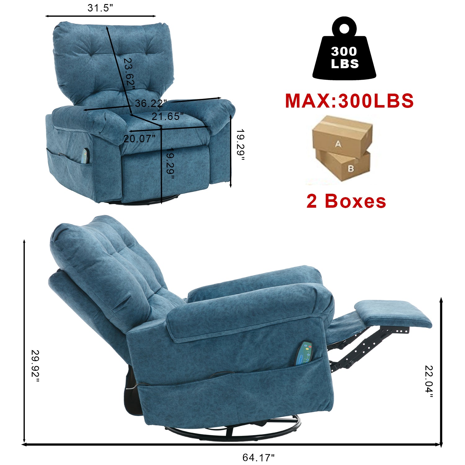 Overstuffed Rocker Recliner Chair With Massage And Heat, 360 Swivel Fabric Wide Seat Single Sofa Lounge Chairs With Side Pocket, Manual Home Theater Recliners For Living Room Blue Metal Soft Heavy Duty Textile