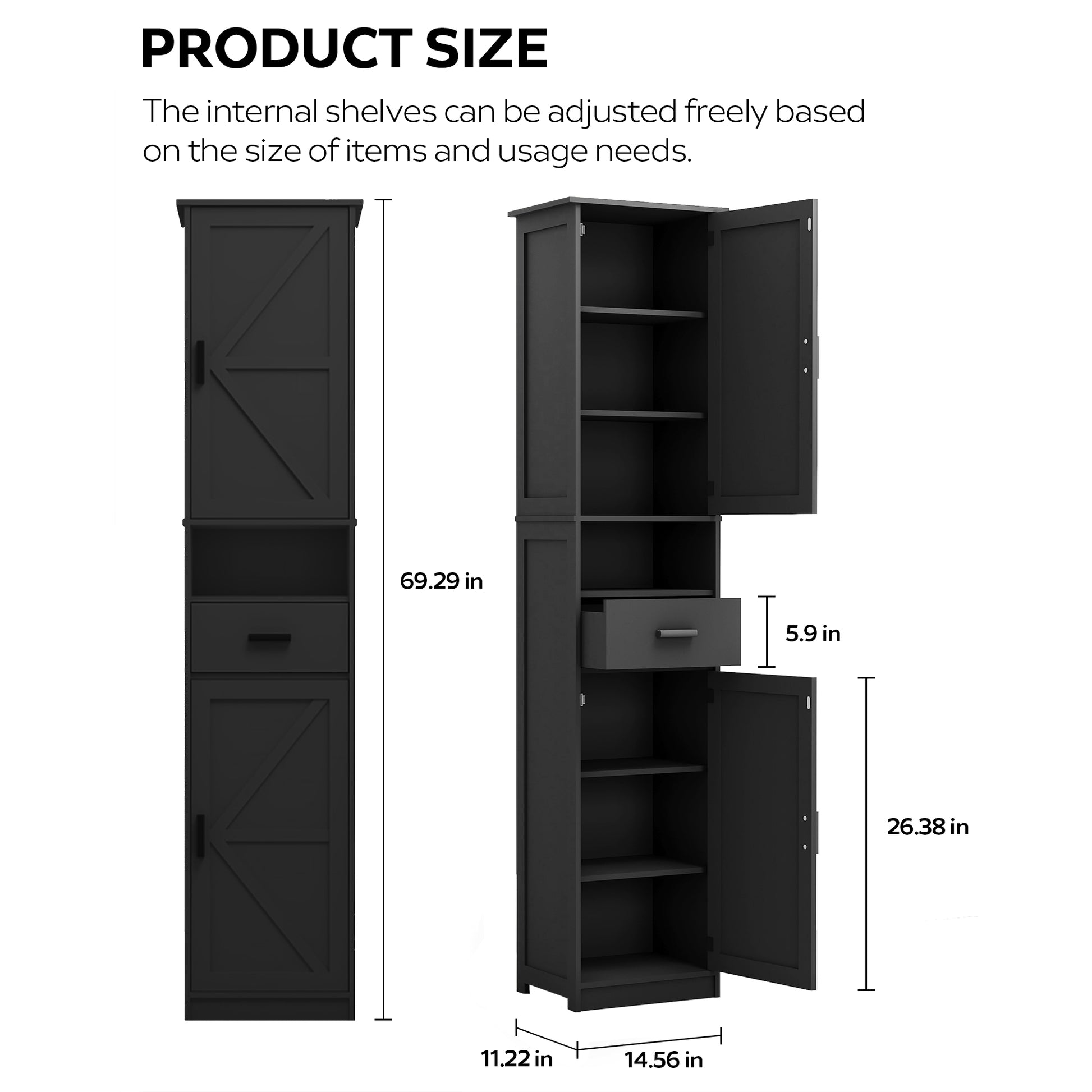 69" H Tall Bathroom Storage Cabinet With 2 Barn Doors And 1 Drawer, Narrow Storage Unit, Adjustable Shelves,Floor Cabinet For Bathroom, Living Room, Entryway,Kitchen, Black Black Particle Board