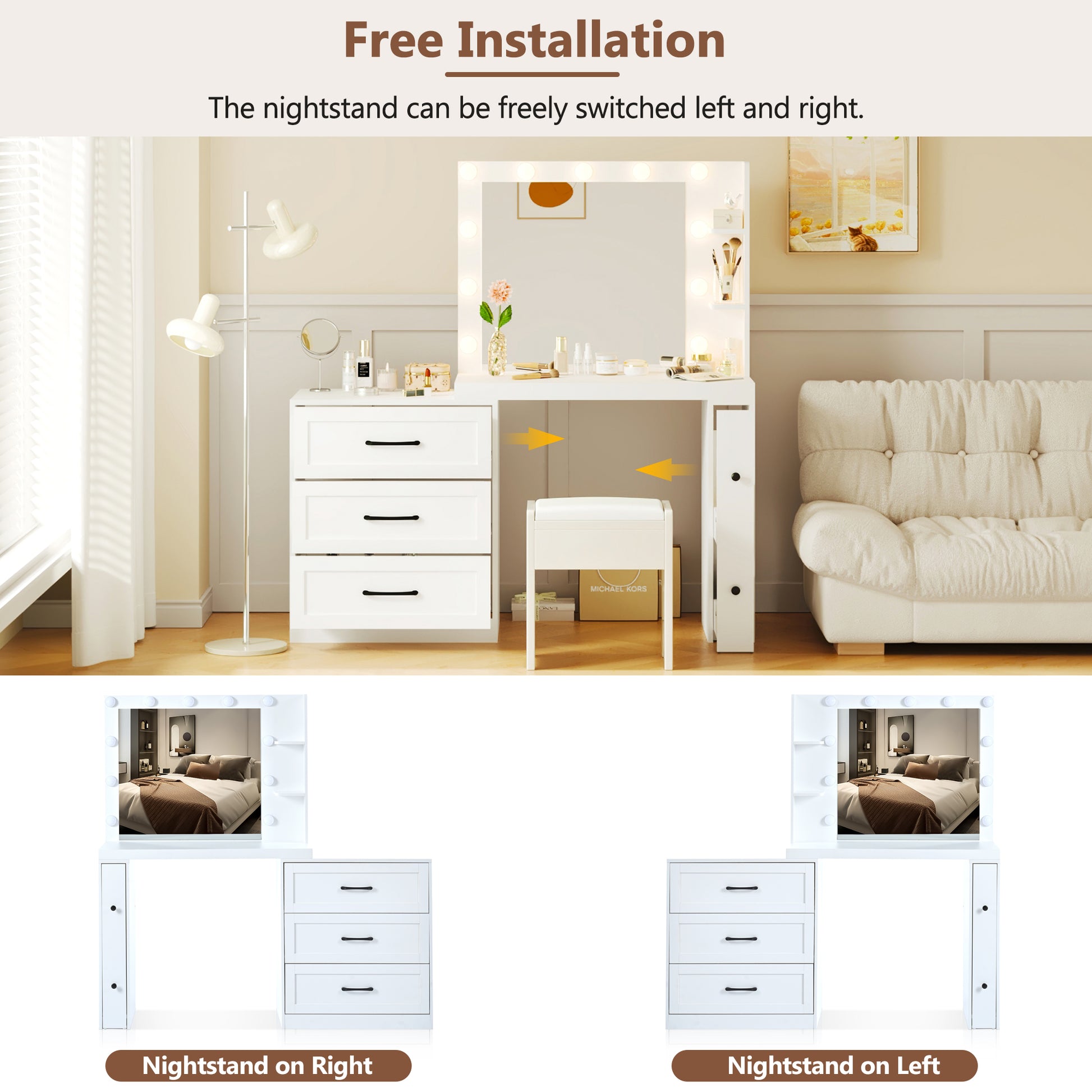 55.2" Vanity Desk With Freely Adjustable Side Cabinet, Makeup Vanity With Hollywood Lights, 5 Storage Drawers & 2 Shelves, Modern Dressing Table, White White Mdf,Tempered Glass