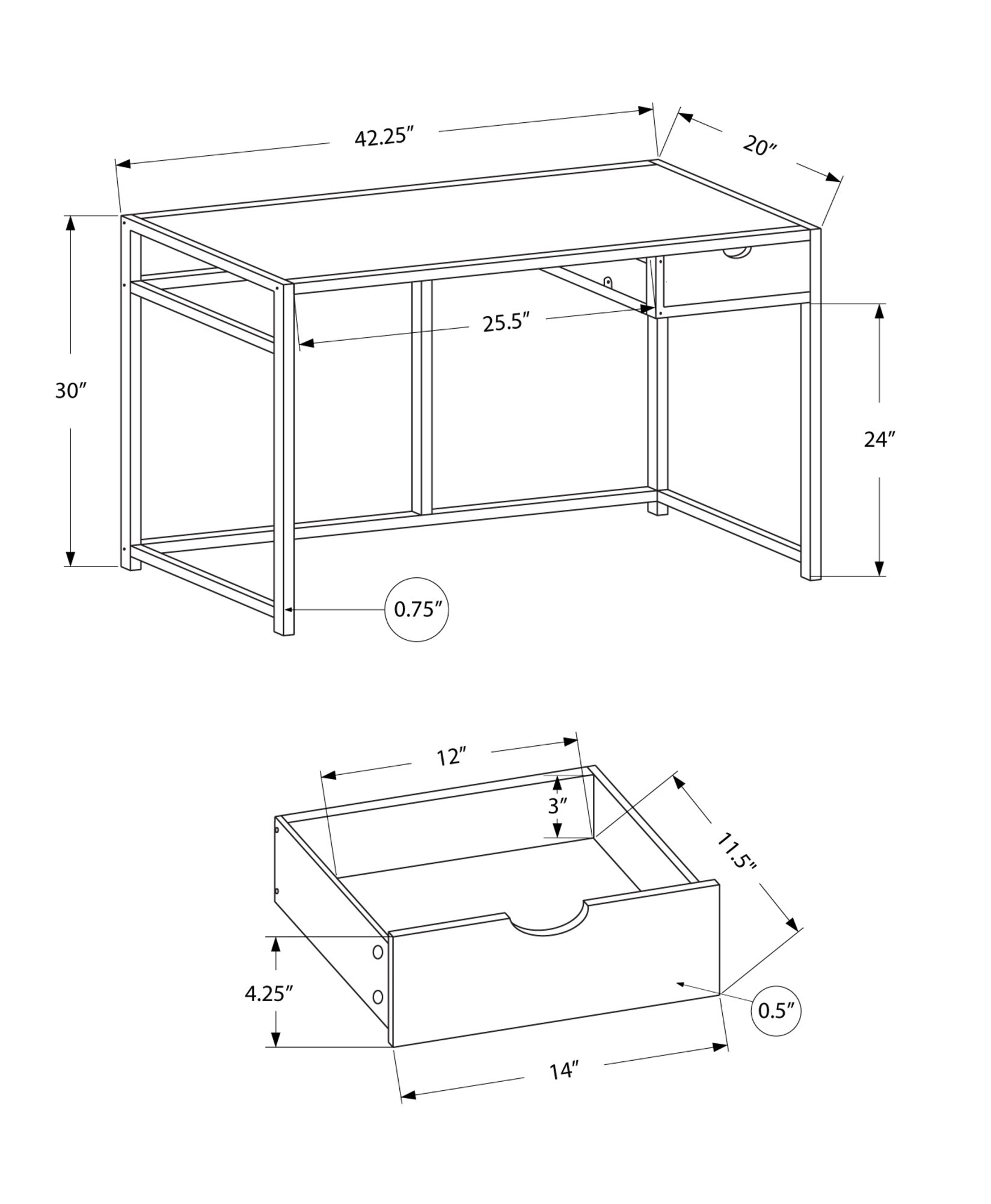 Computer Desk, Home Office, Laptop, Storage Drawer, 42"L, Work, Grey Laminate, Black Metal, Contemporary, Modern Grey Mdf