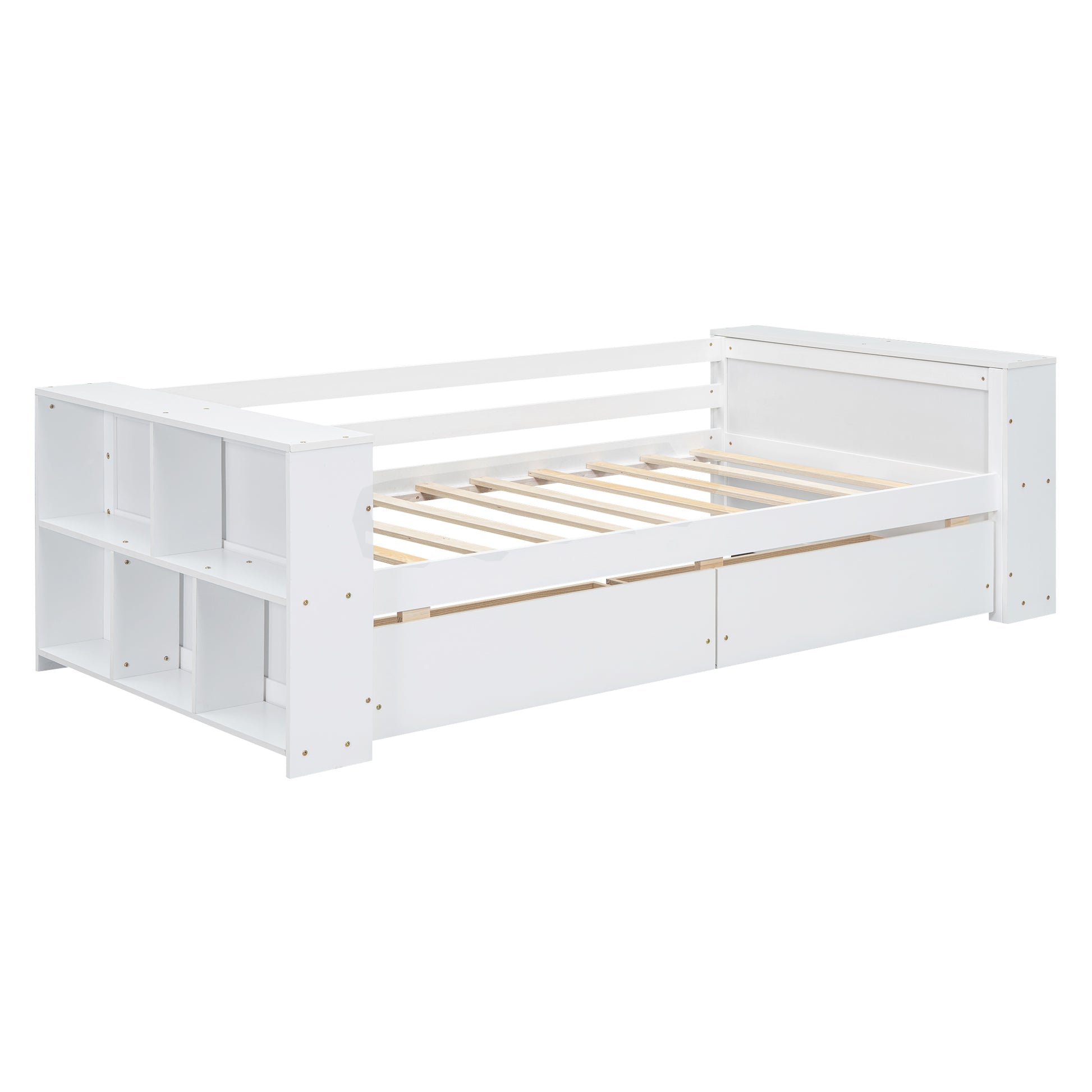 Twin Size Daybed With Shelves And Drawers, White Twin White Pine