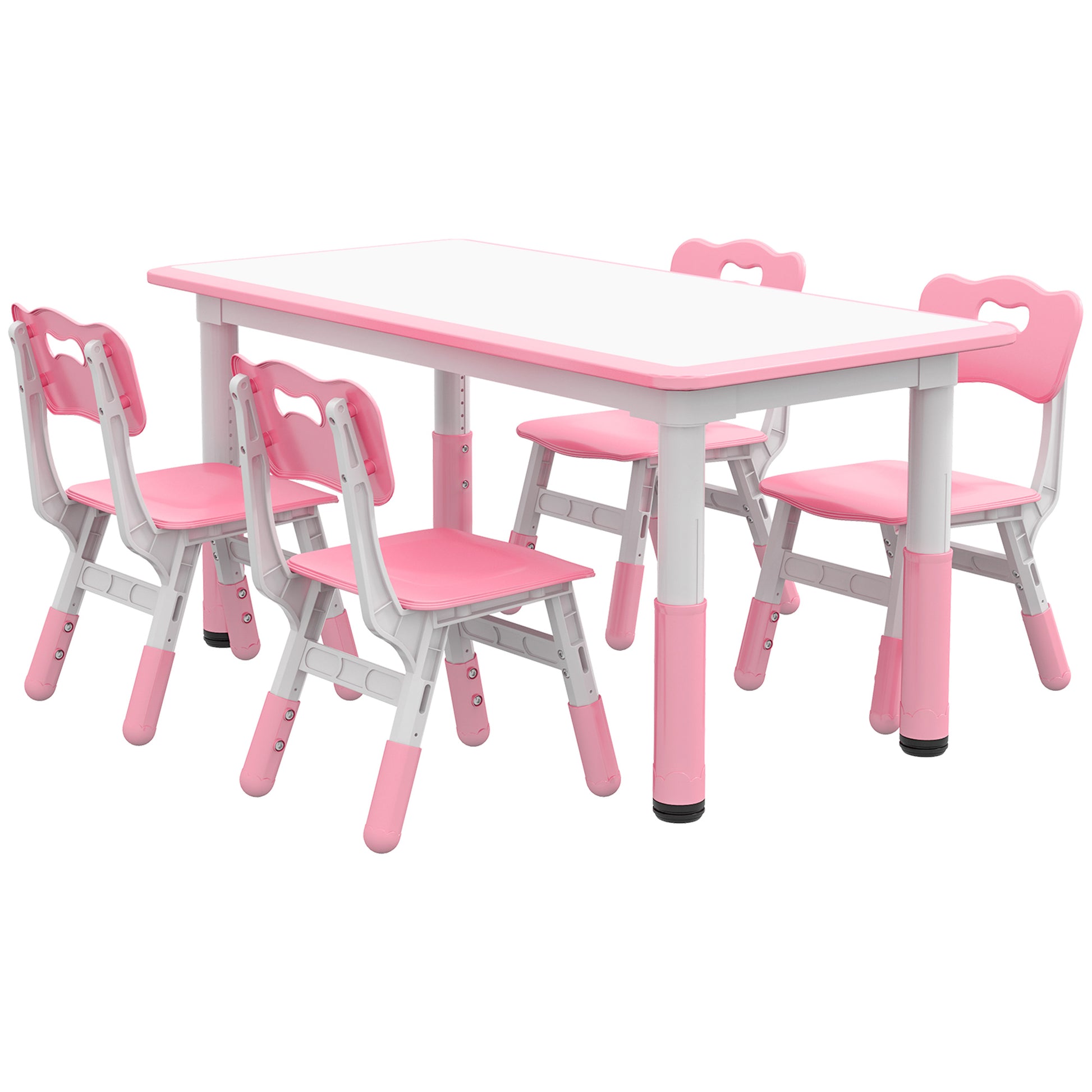 Qaba Kids Table And Chair Set, 5 Piece Toddler Table And Chair Set With 4 Chairs Adjustable Height, For Snack Time, Homeschooling Aged 1.5 5 Years Old, Pink Pink Plastic