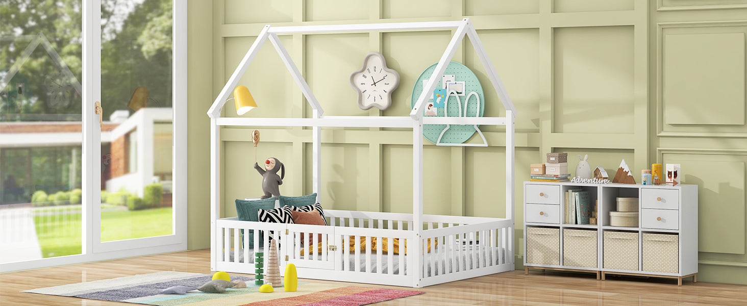Full Size Wood House Bed With Fence And Door, White Old Sku: Wf303134Aak Box Spring Not Required Full White Wood Bedroom Bed Frame Pine