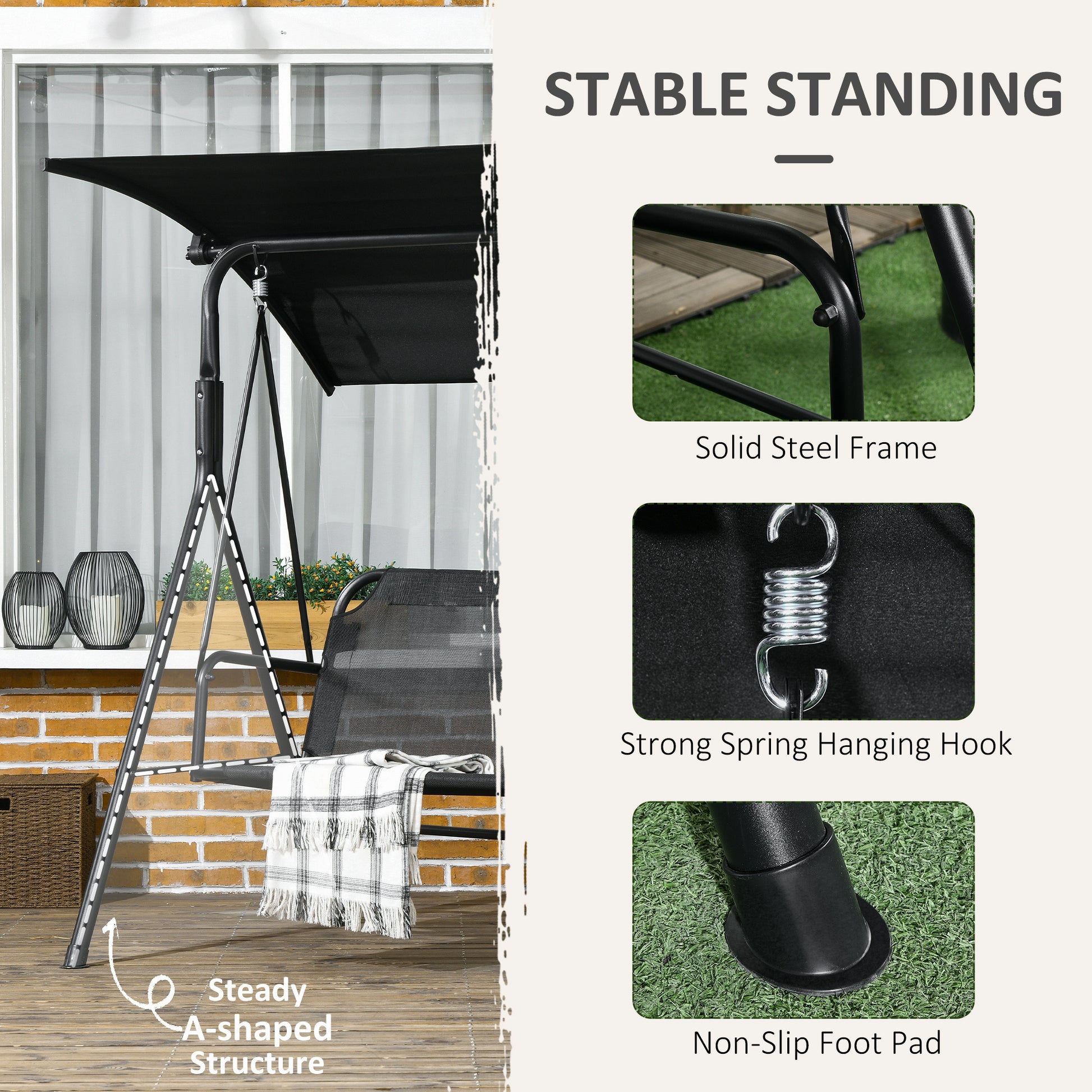Outsunny 3 Seat Outdoor Patio Swing Chair With Removable Cushion, Steel Frame Stand And Adjustable Tilt Canopy For Patio, Garden, Poolside, Balcony, Backyard, Black 1 Black Steel